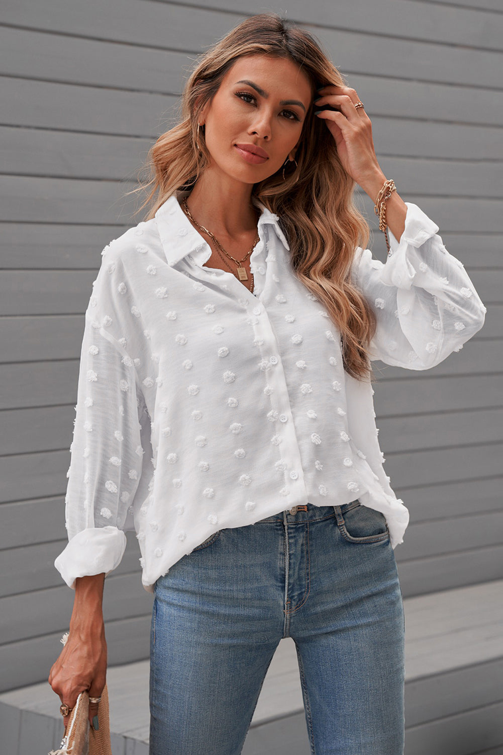Gray Long Sleeve Button Fuzzy Polka Dot Shirt