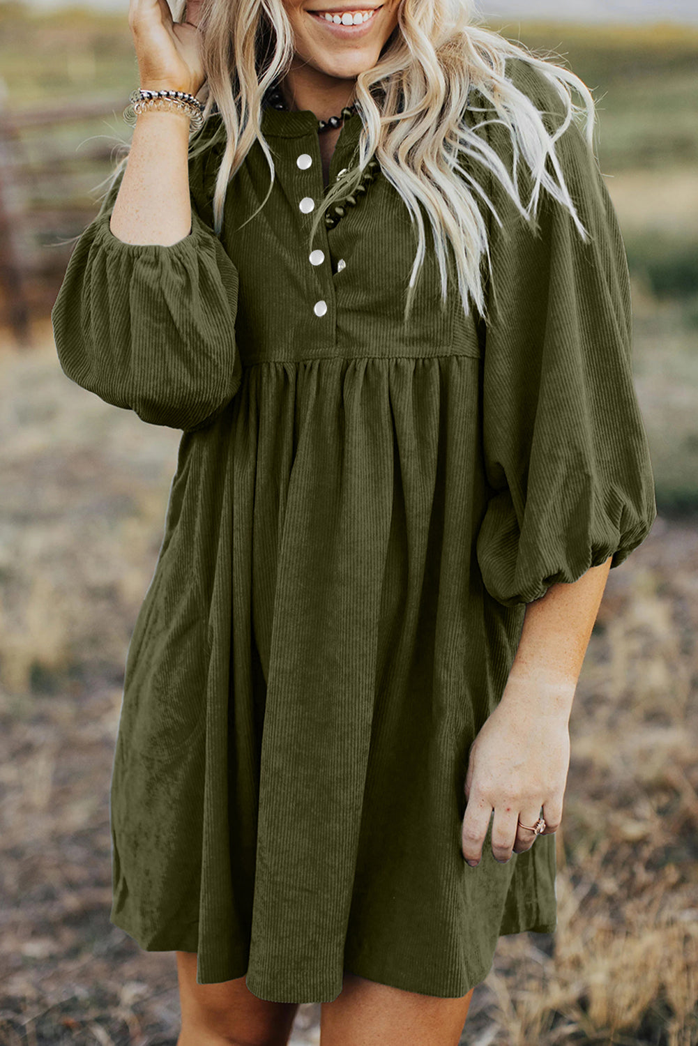 Gold Flame Corduroy Snap Buttons Empire Waist Bracelet Sleeve Dress