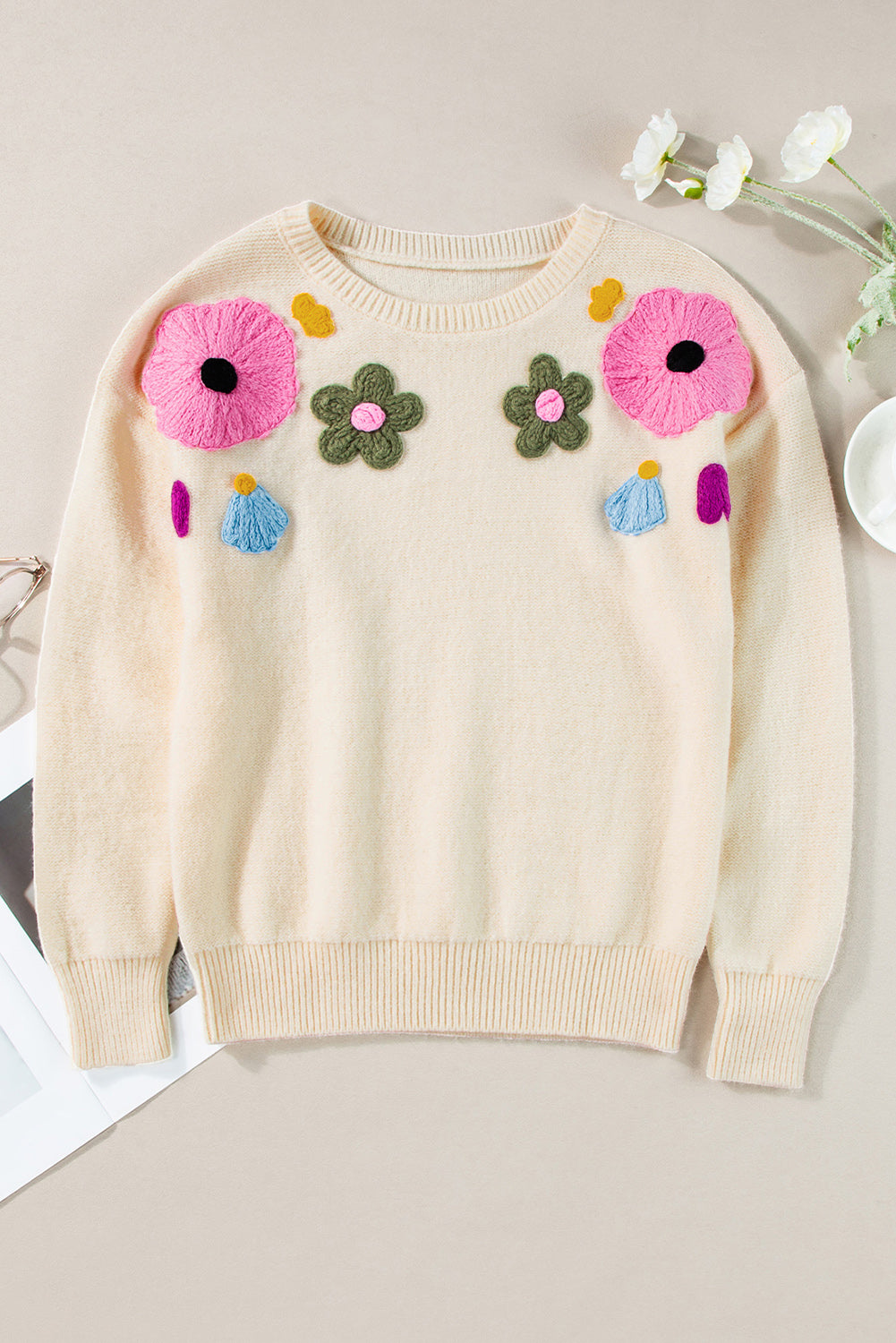 Light Blue Knitted Flower Pattern Ribbed Edge Sweater