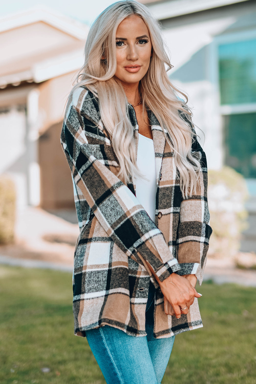 Orange Plaid Print Buttoned Shirt Jacket