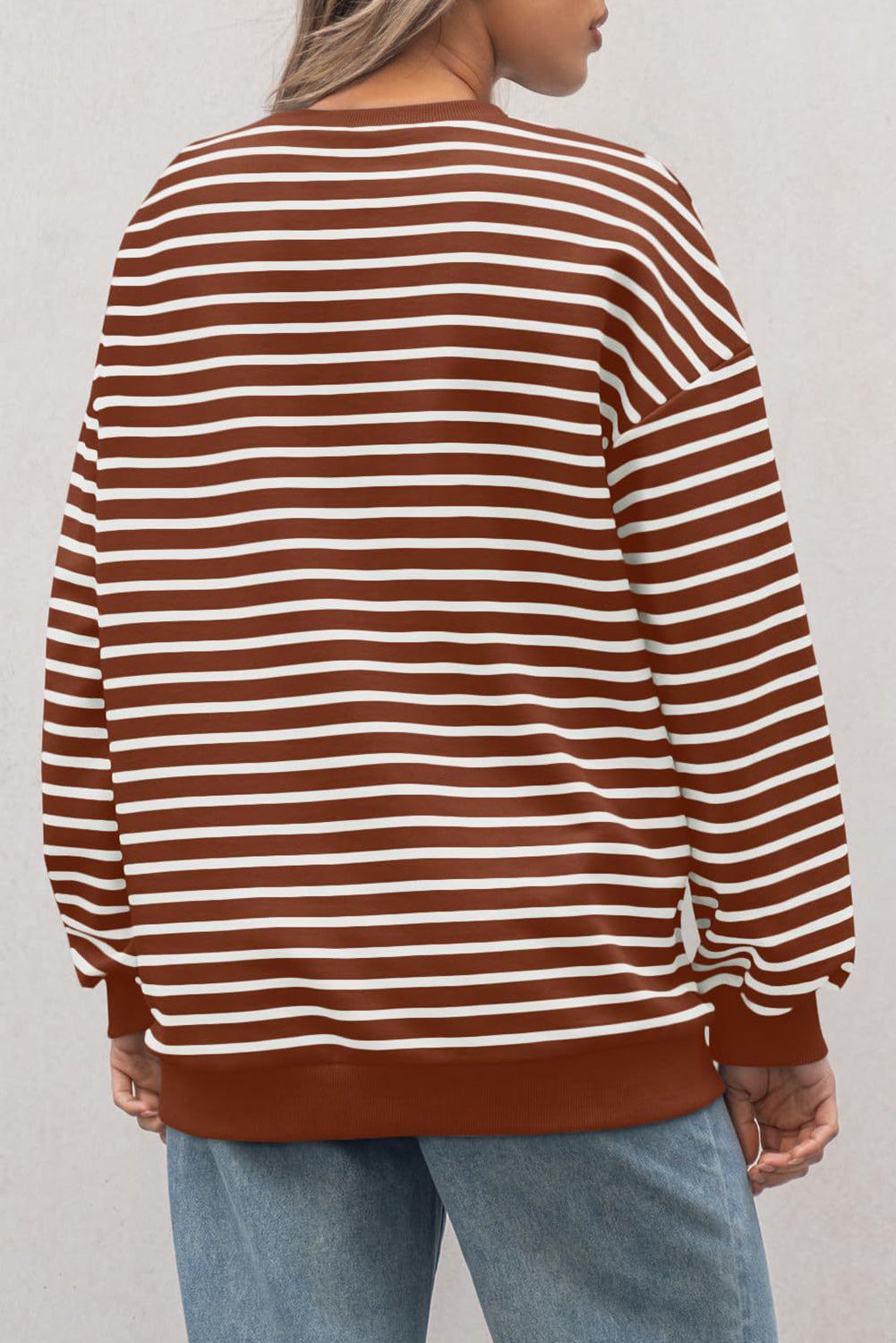 Burgundy Striped Long Sleeve Round Neck Loose Top