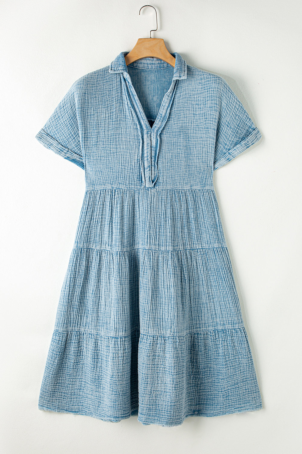 Strawberry Pink Mineral Wash Crinkle Split Neck Raw Hem Tiered Dress
