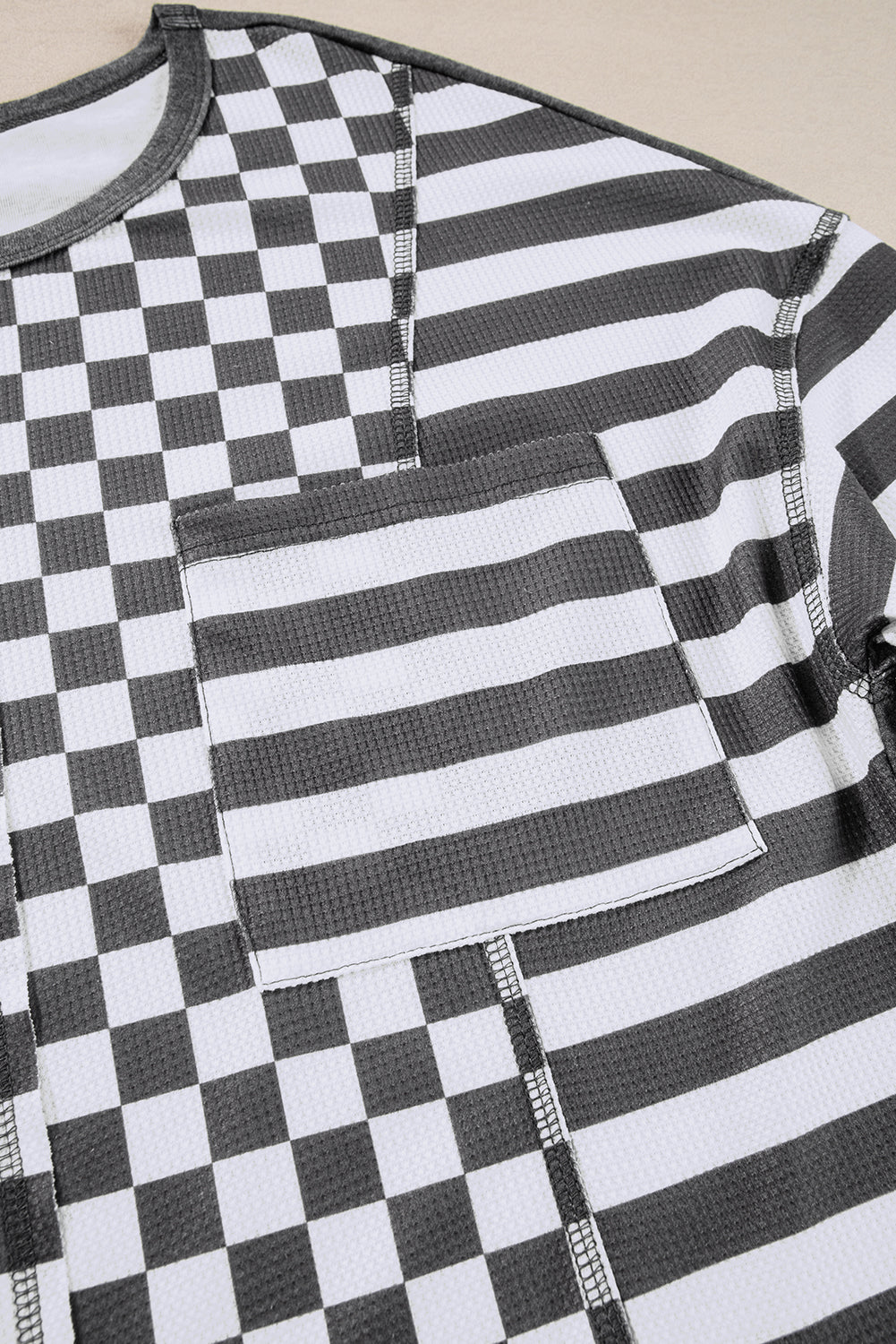 Rose Red Checkerboard Striped Patchwork Lantern Sleeve Pocketed Blouse