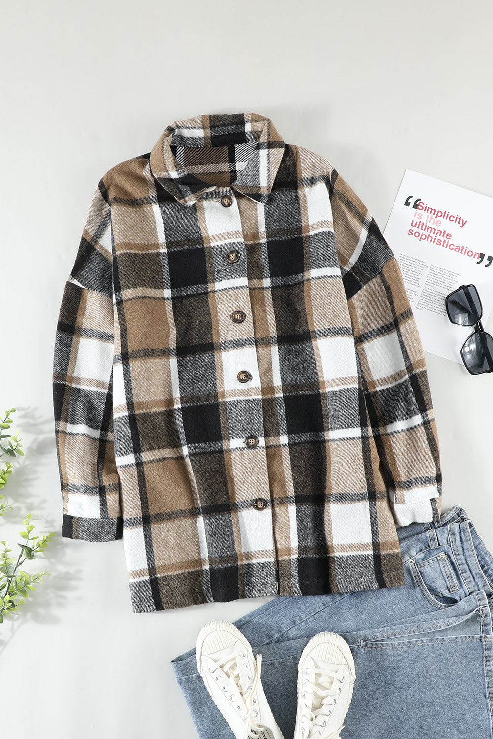 Orange Plaid Print Buttoned Shirt Jacket