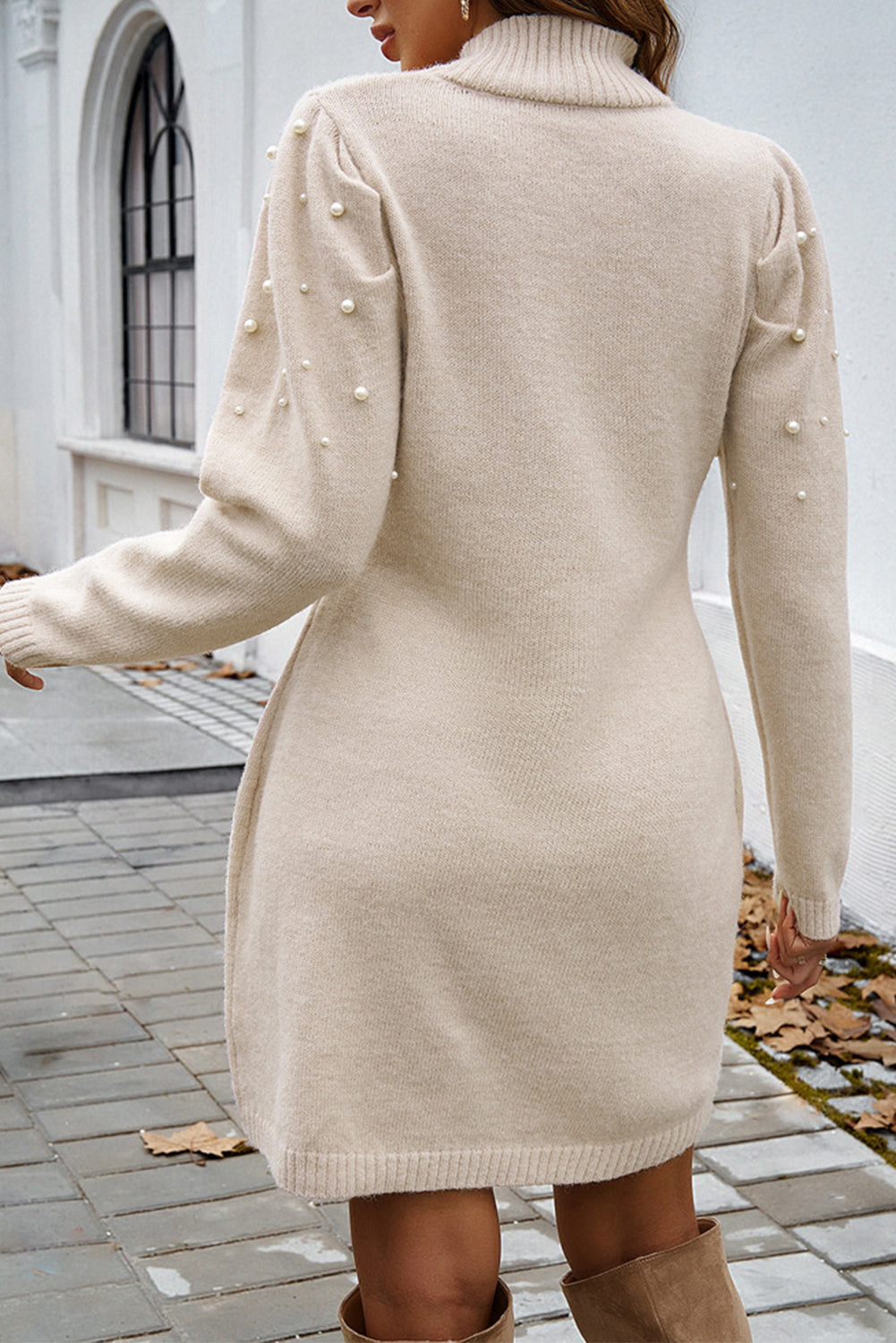 Apricot Pink Pearl Beaded High Neck Bodycon Sweater Dress