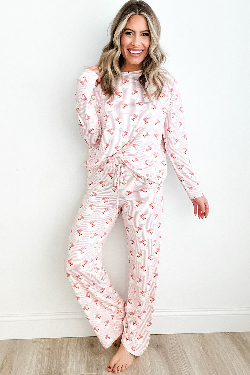 Sky Blue Santa Claus Striped Print Loose Fit Two Piece Lounge Set