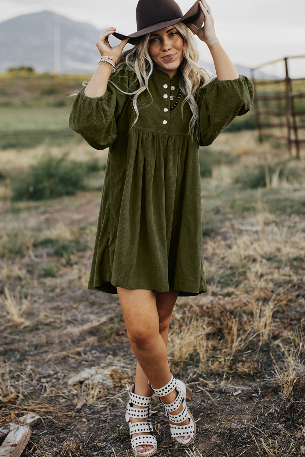 Gold Flame Corduroy Snap Buttons Empire Waist Bracelet Sleeve Dress