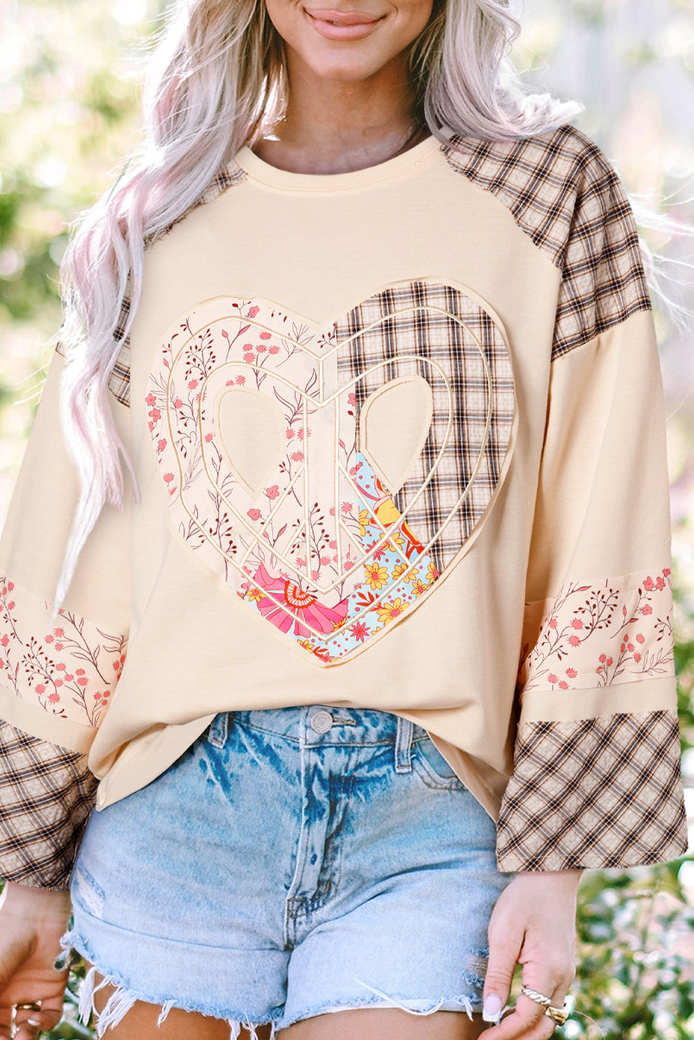 Clearly Aqua Plaid Floral Peace Heart Graphic Wide Long Sleeve Top