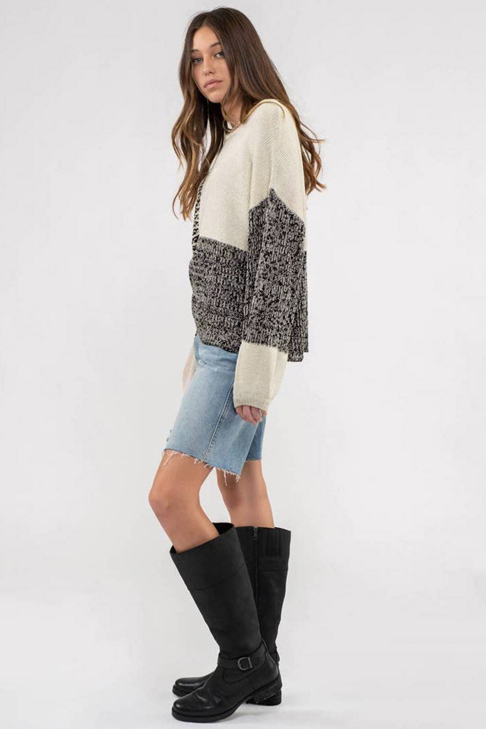Bonbon Neutral Colorblock Tie Back Sweater