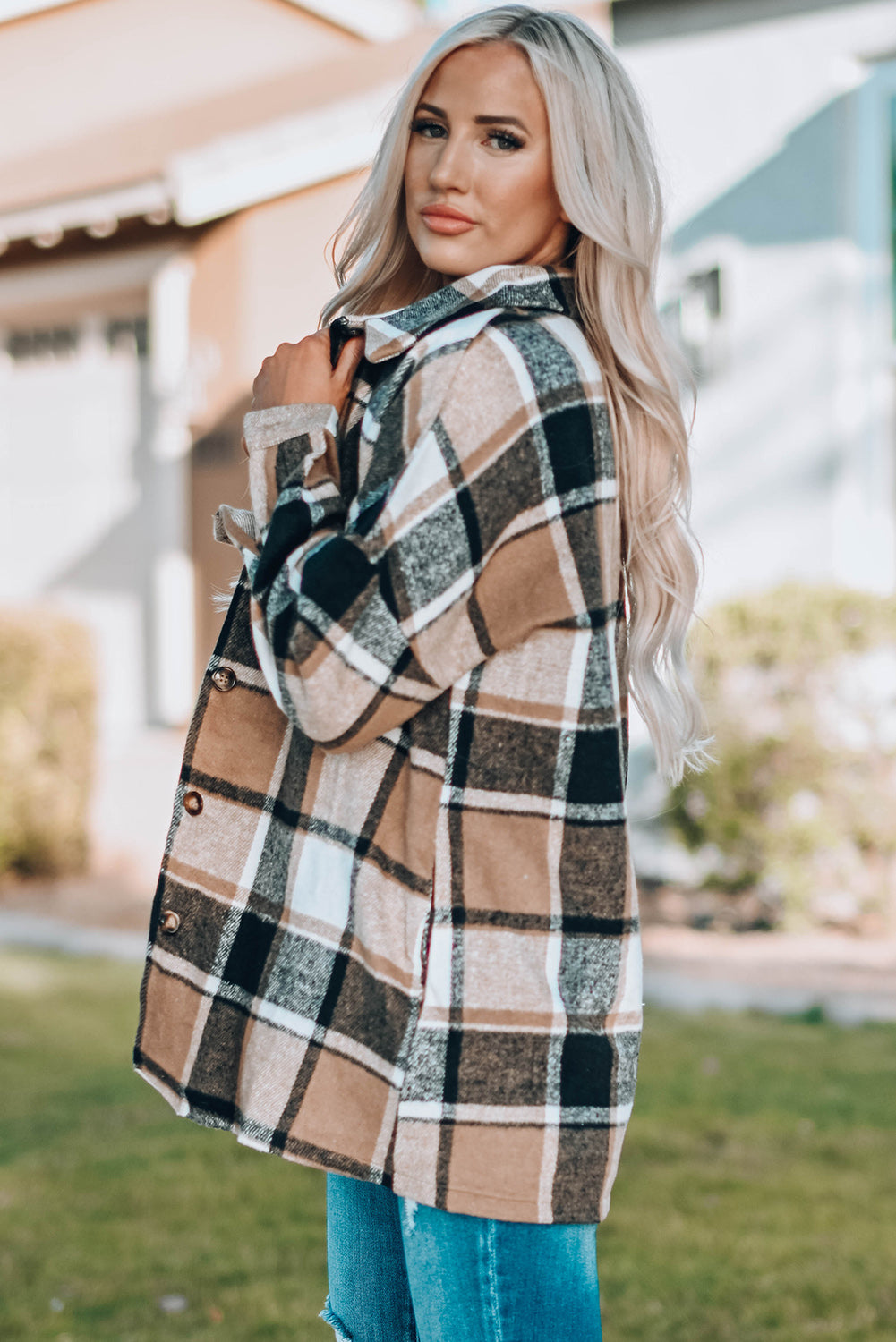 Orange Plaid Print Buttoned Shirt Jacket