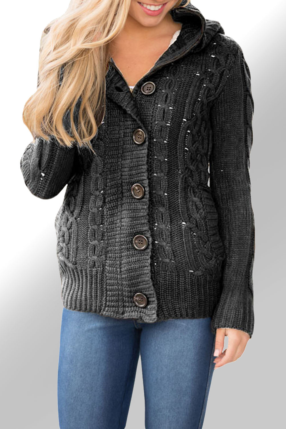 Navy Blue Long Sleeve Button-up Hooded Cardigans