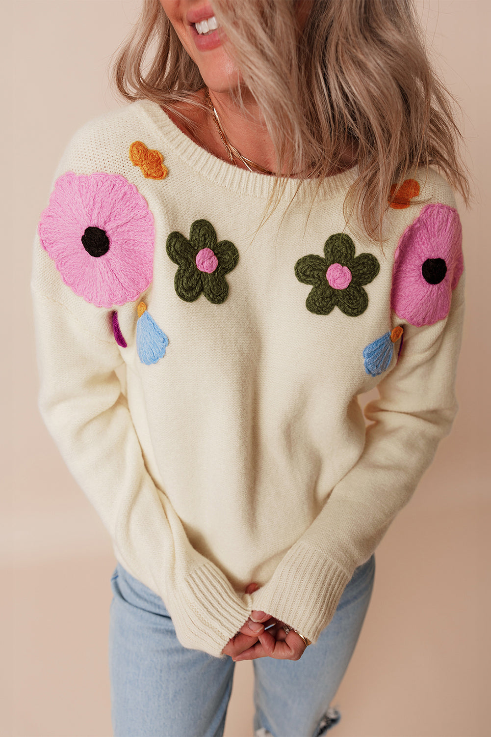 Light Blue Knitted Flower Pattern Ribbed Edge Sweater