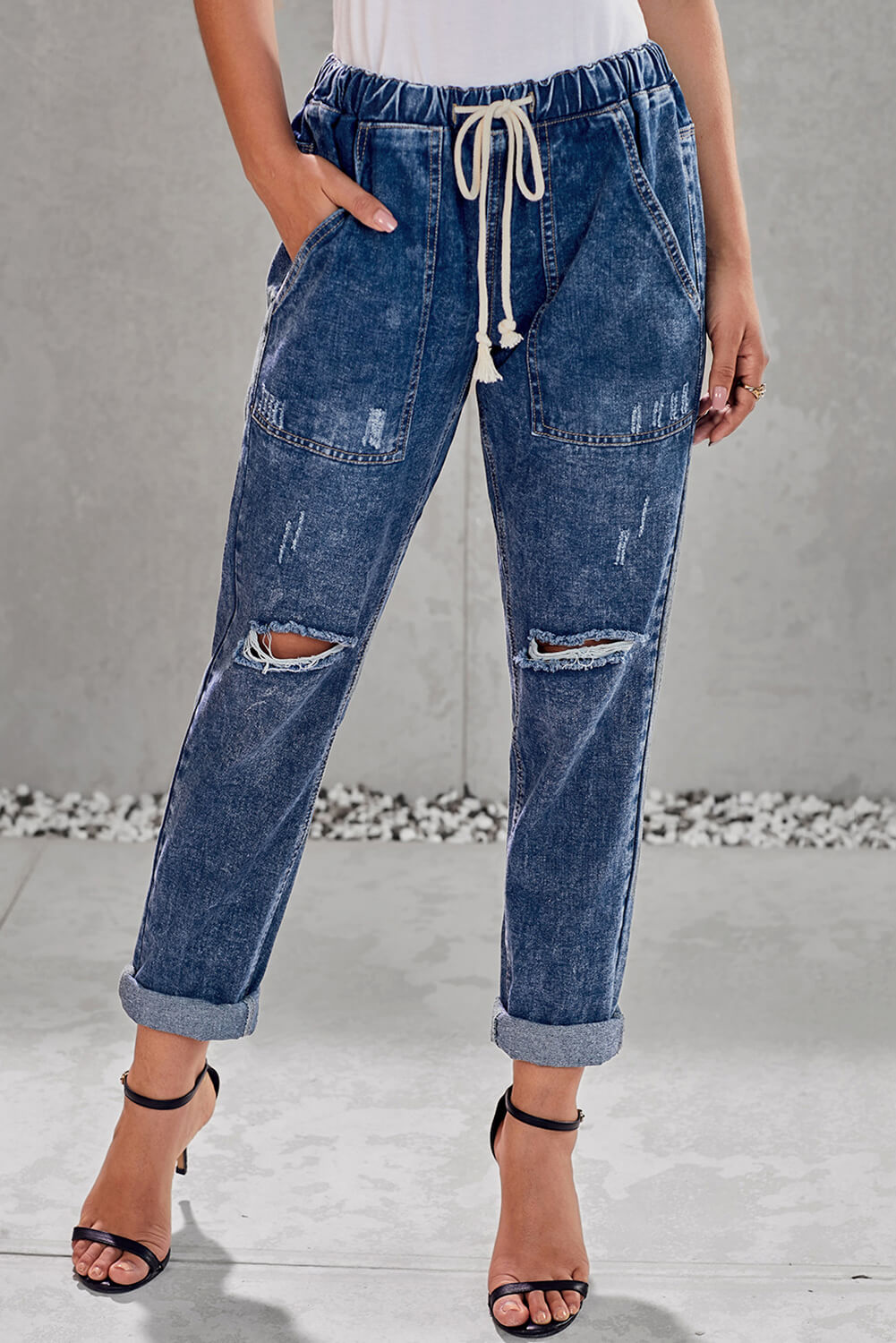 Sky Blue Gather Round Distressed Pocketed Denim Jogger