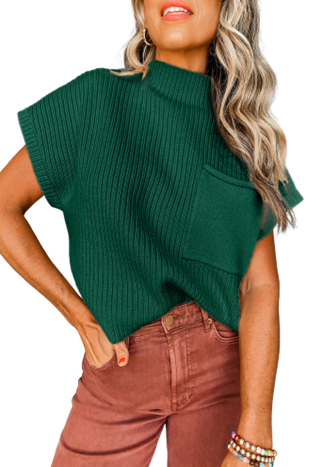 Beau Blue Patch Pocket Ribbed Knit Short Sleeve Sweater