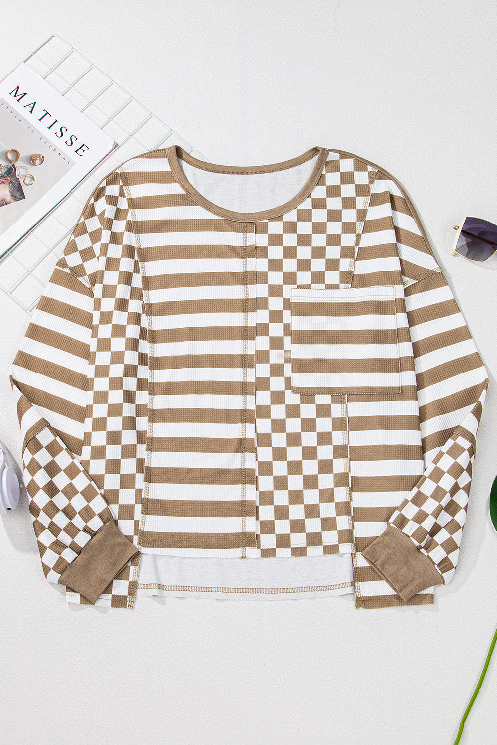 Rose Red Checkerboard Striped Patchwork Lantern Sleeve Pocketed Blouse