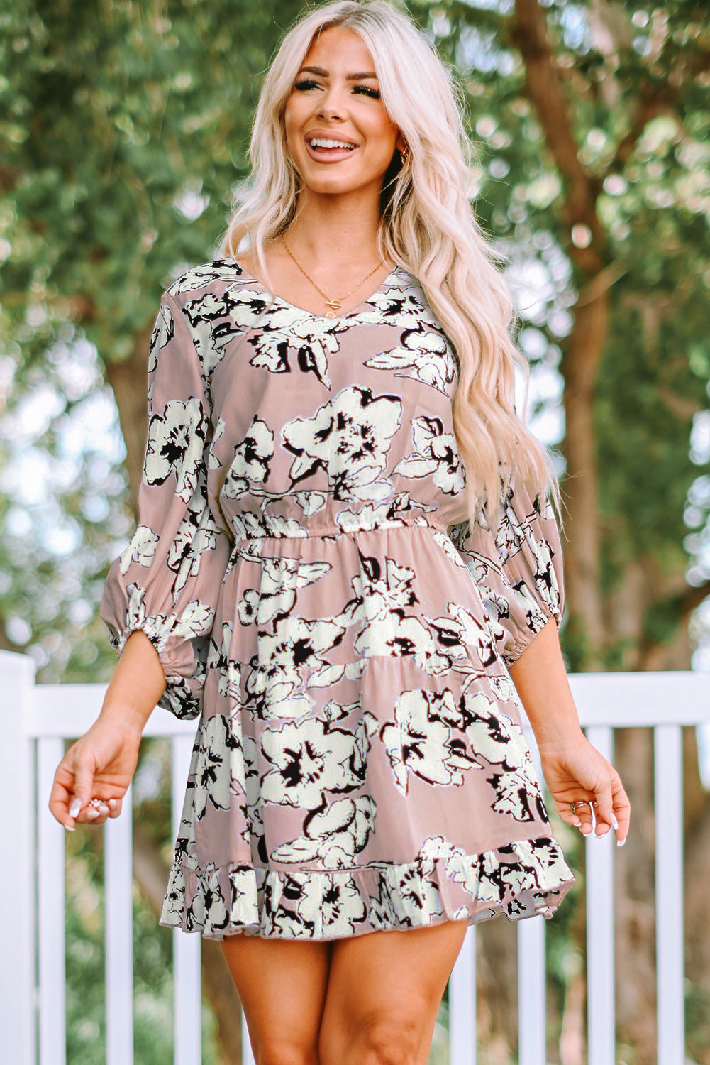 Apricot Sky Blue/Blue/Apricot V Neck Lantern Sleeves Floral Tunic Dress