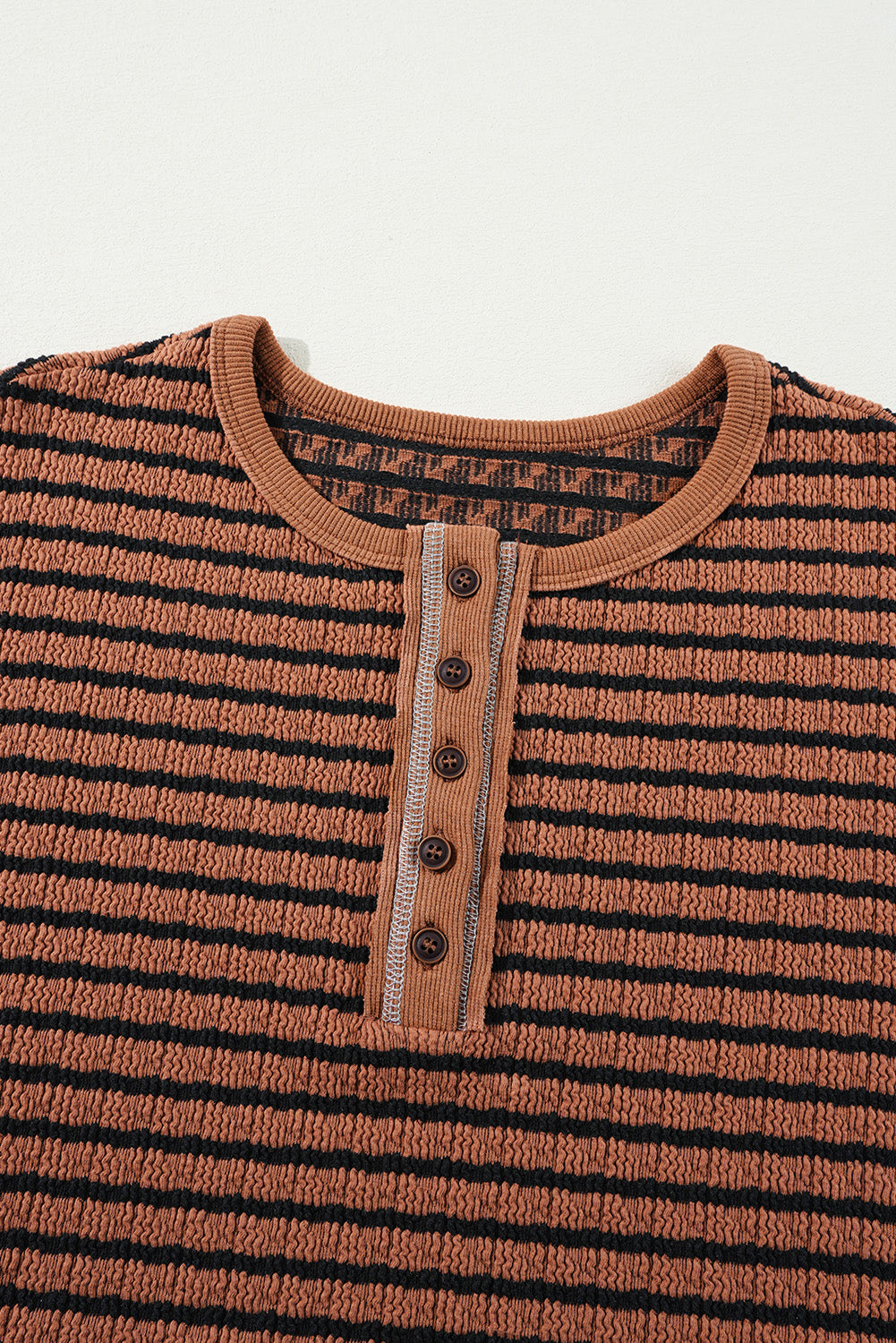Green Stripe Textured Frilly Trim Buttons Henley Long Sleeve Top