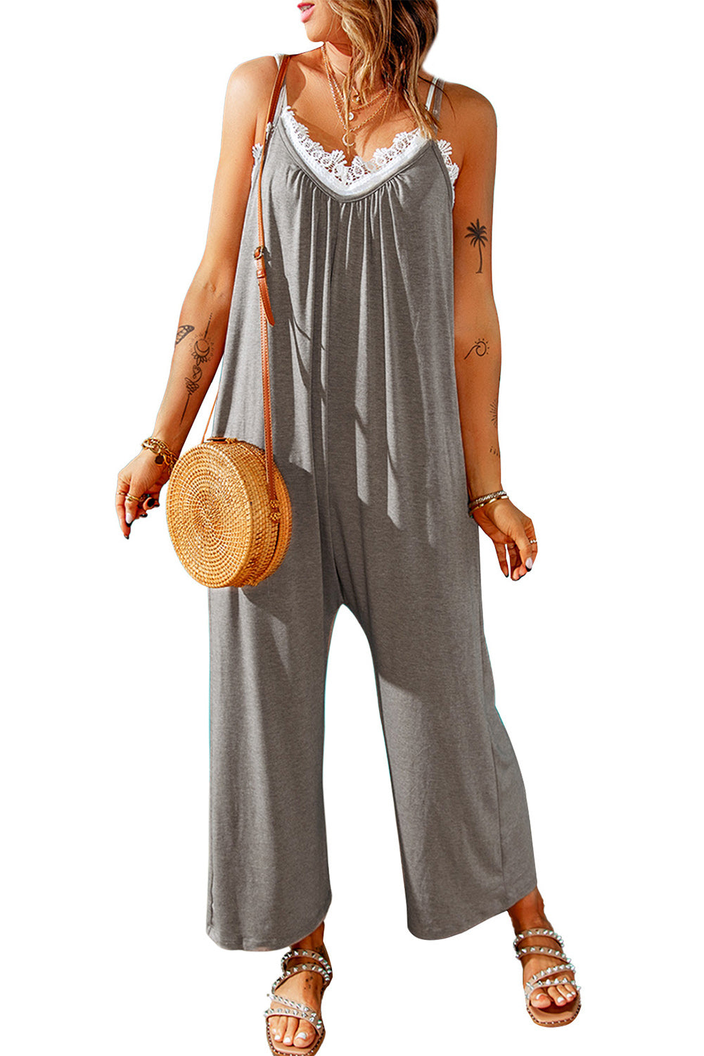 Fiery Red Spaghetti Straps Wide Leg Pocketed Jumpsuits