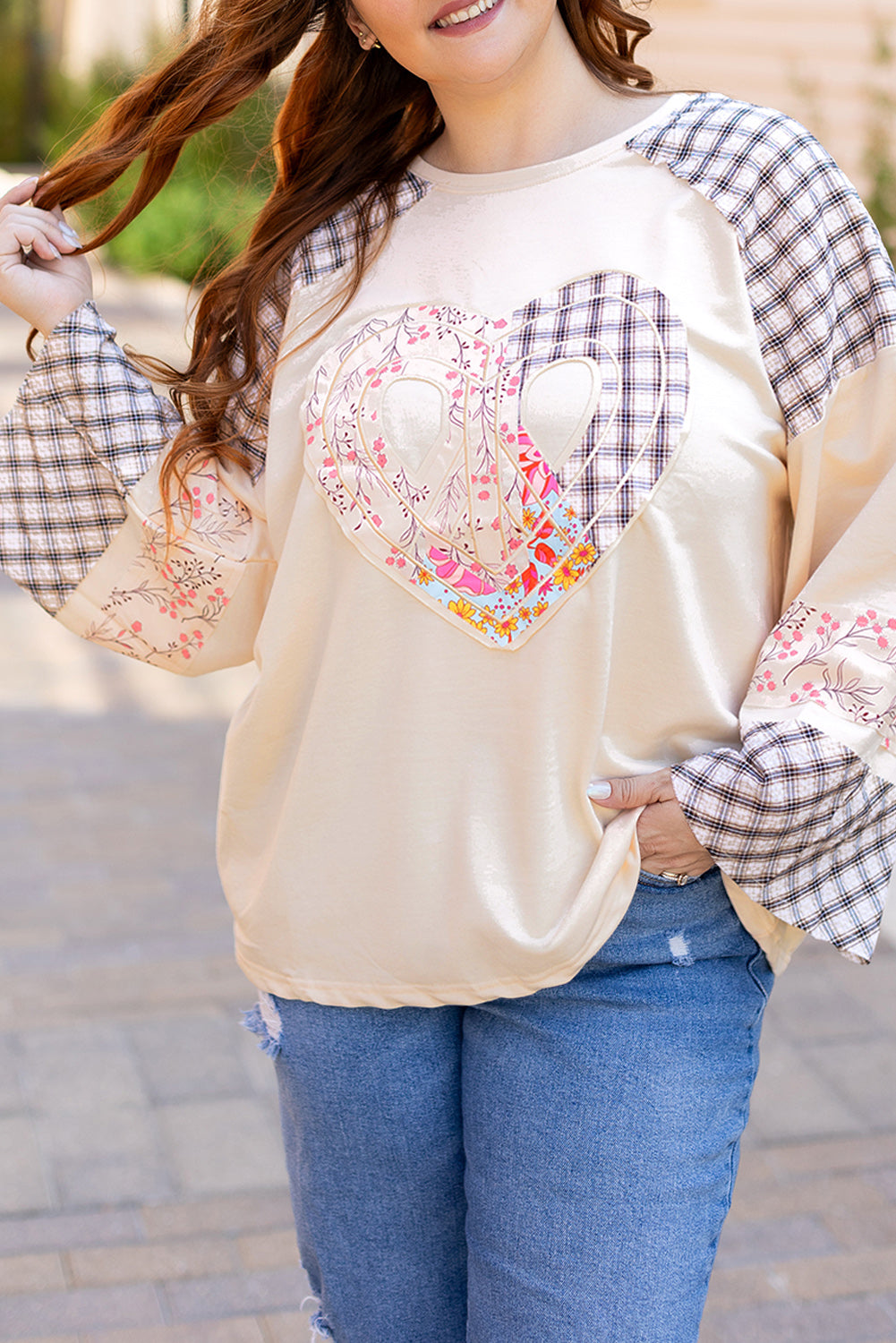 Clearly Aqua Plaid Floral Peace Heart Graphic Wide Long Sleeve Top