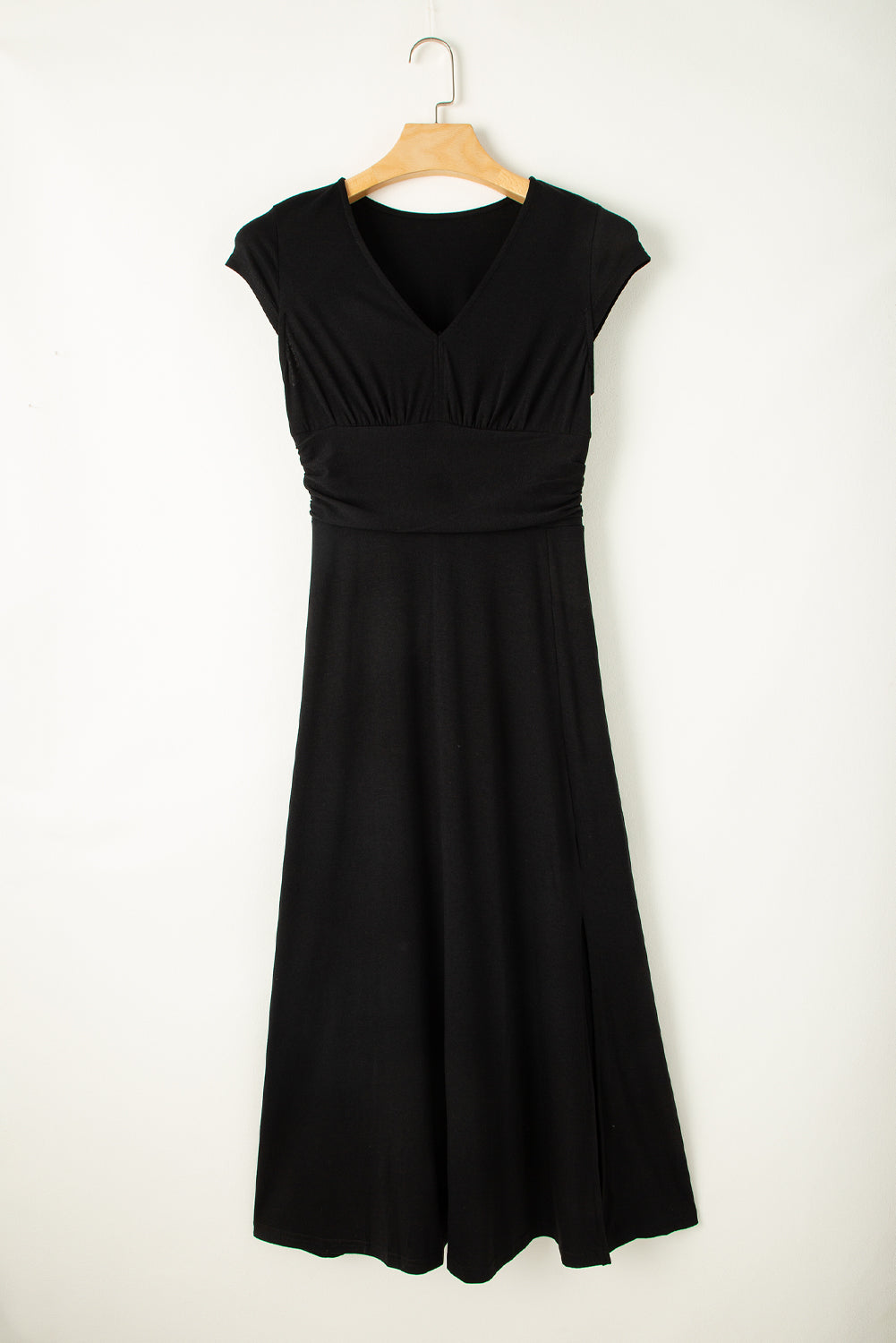 Peacock Blue Short Sleeve Shirred High Waist V Neck Maxi Dress