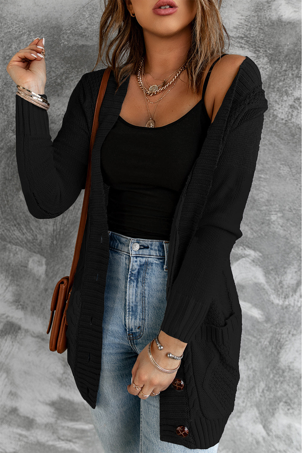 Blue Front Pocket and Buttons Closure Cardigan