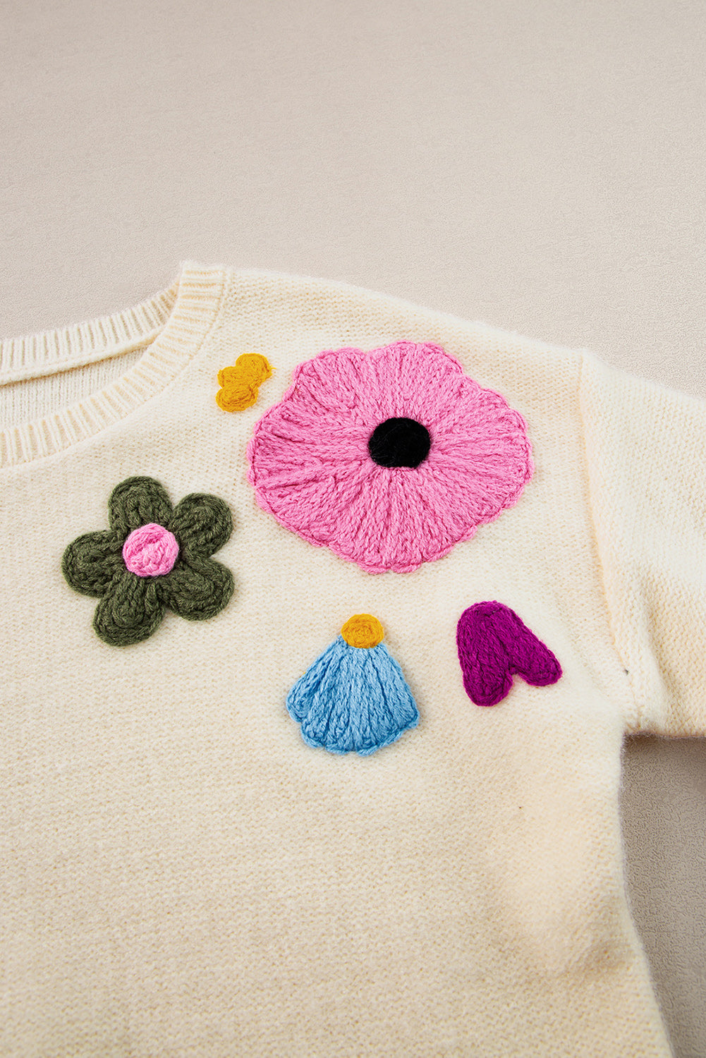 Light Blue Knitted Flower Pattern Ribbed Edge Sweater