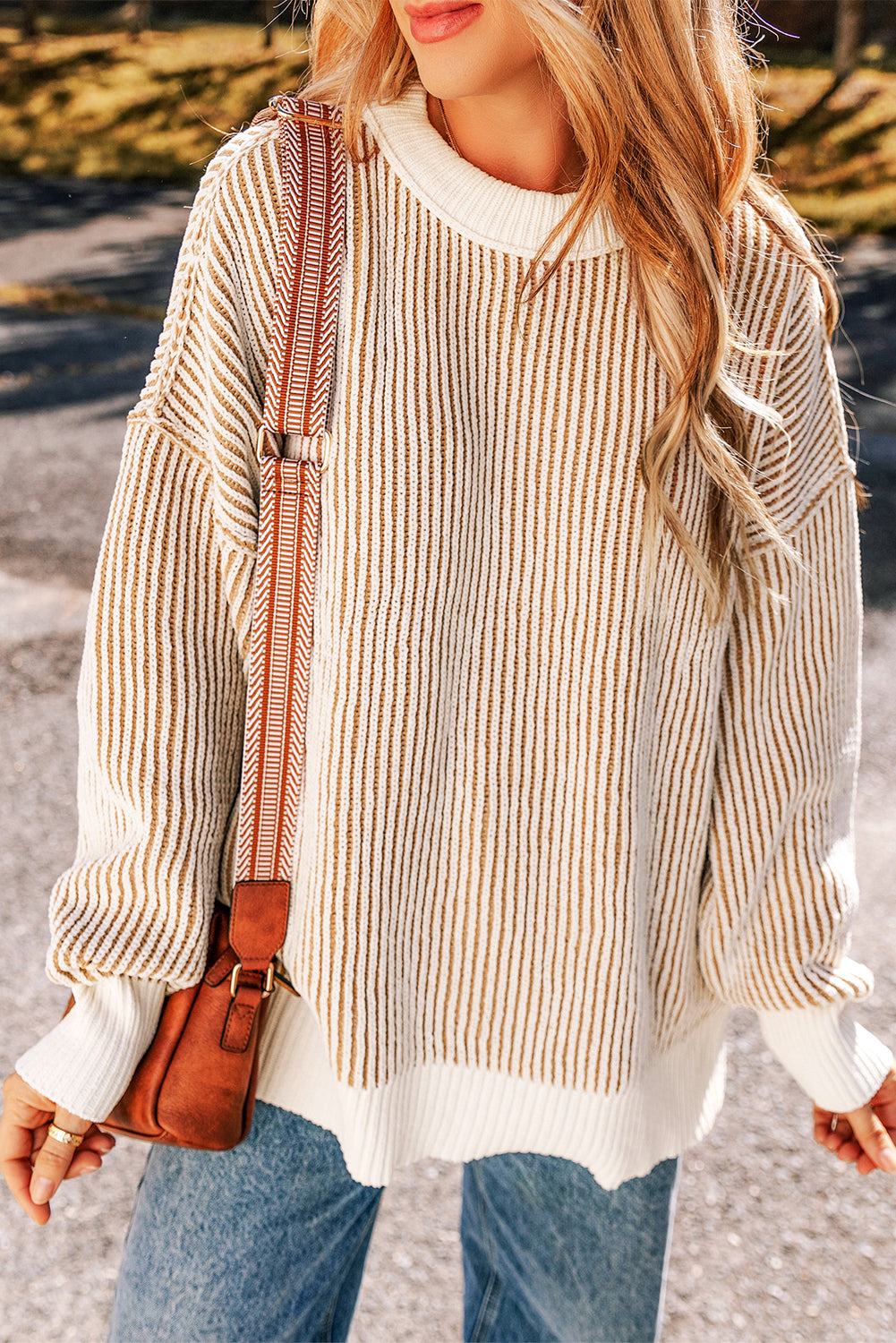 Dark Blue Striped Textured Knit Contrast Edge Loose Sweater