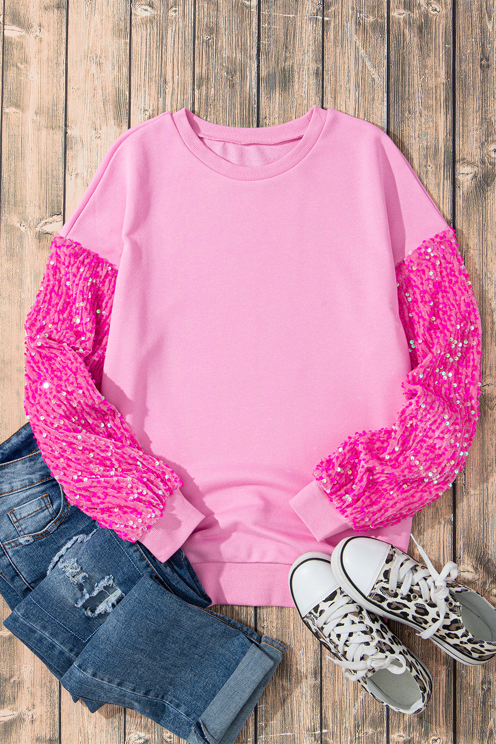 Orchid Petal Sequin Patchwork Long Sleeve Pullover Top