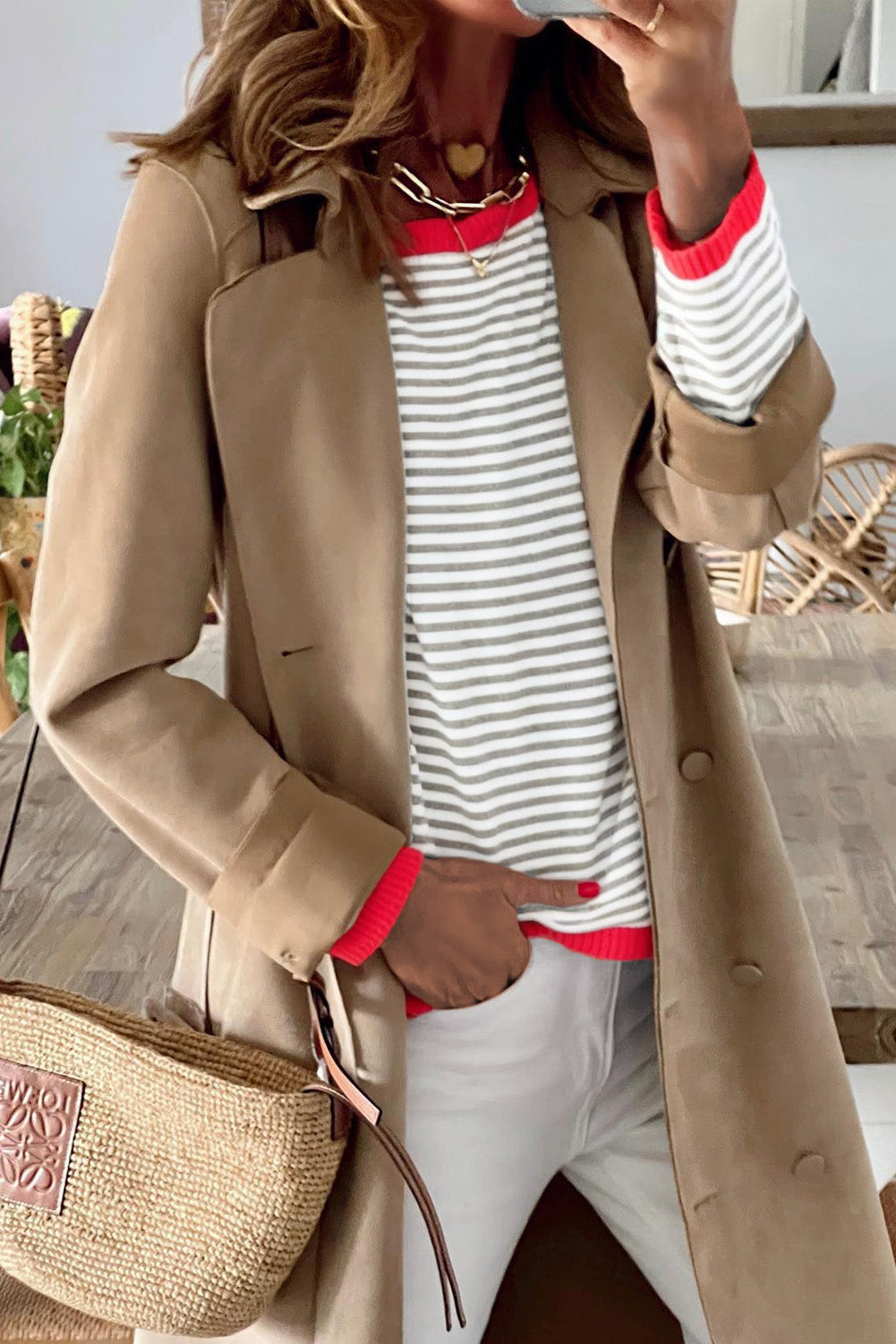 Fiery Red Contrast Trimmed Striped Drop Shoulder Sweater
