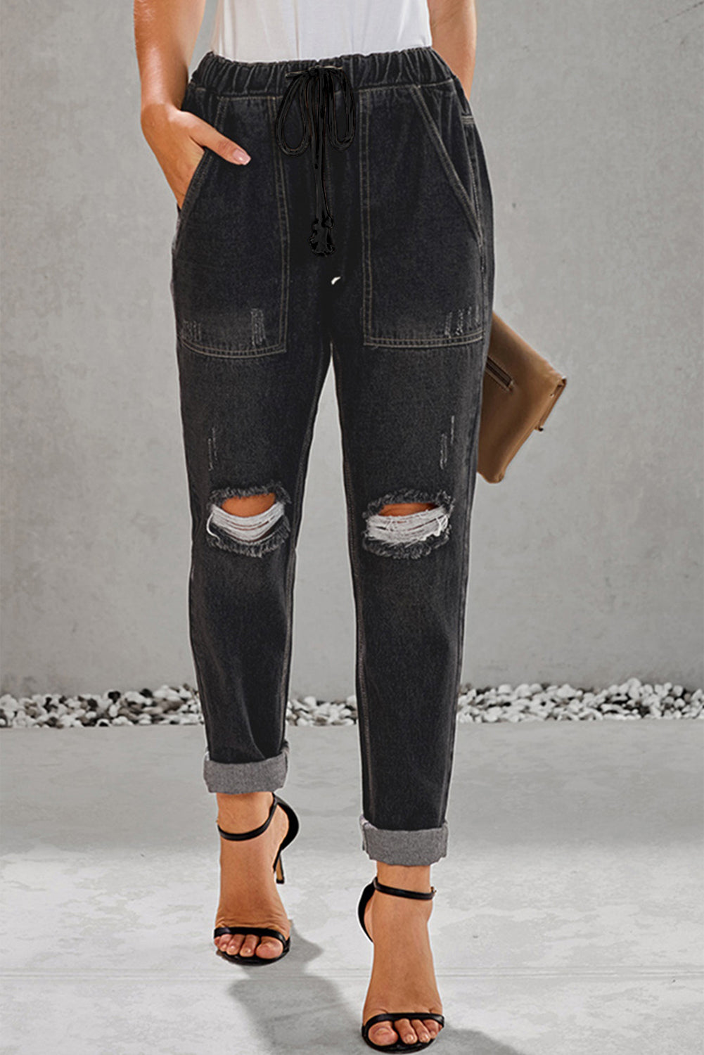 Sky Blue Gather Round Distressed Pocketed Denim Jogger