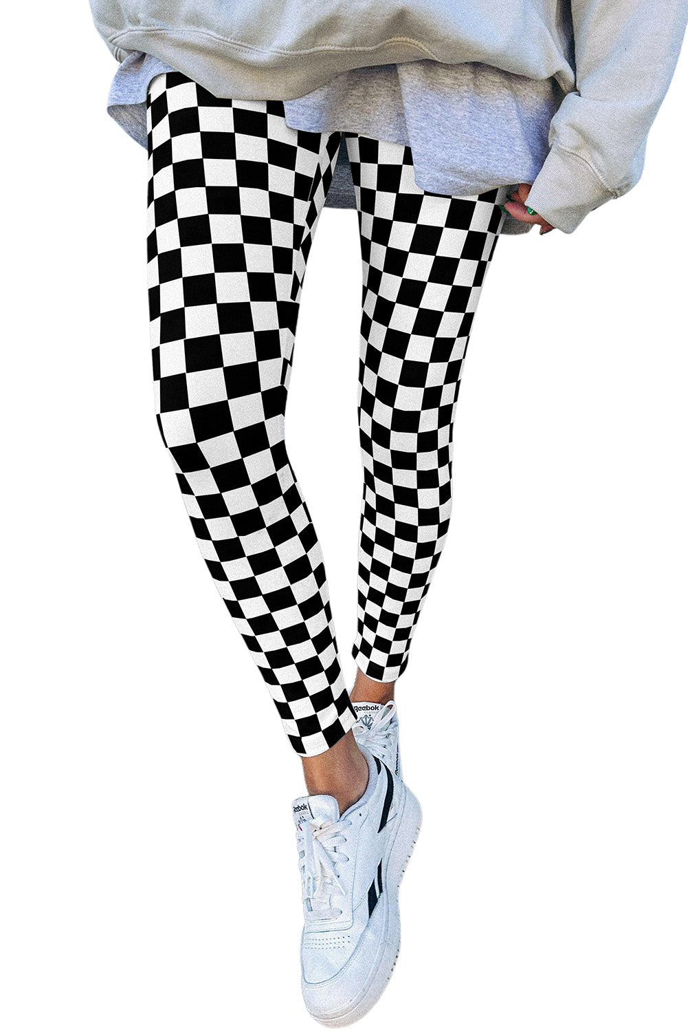 Khaki Checkered Pattern High Waist Skinny Leggings