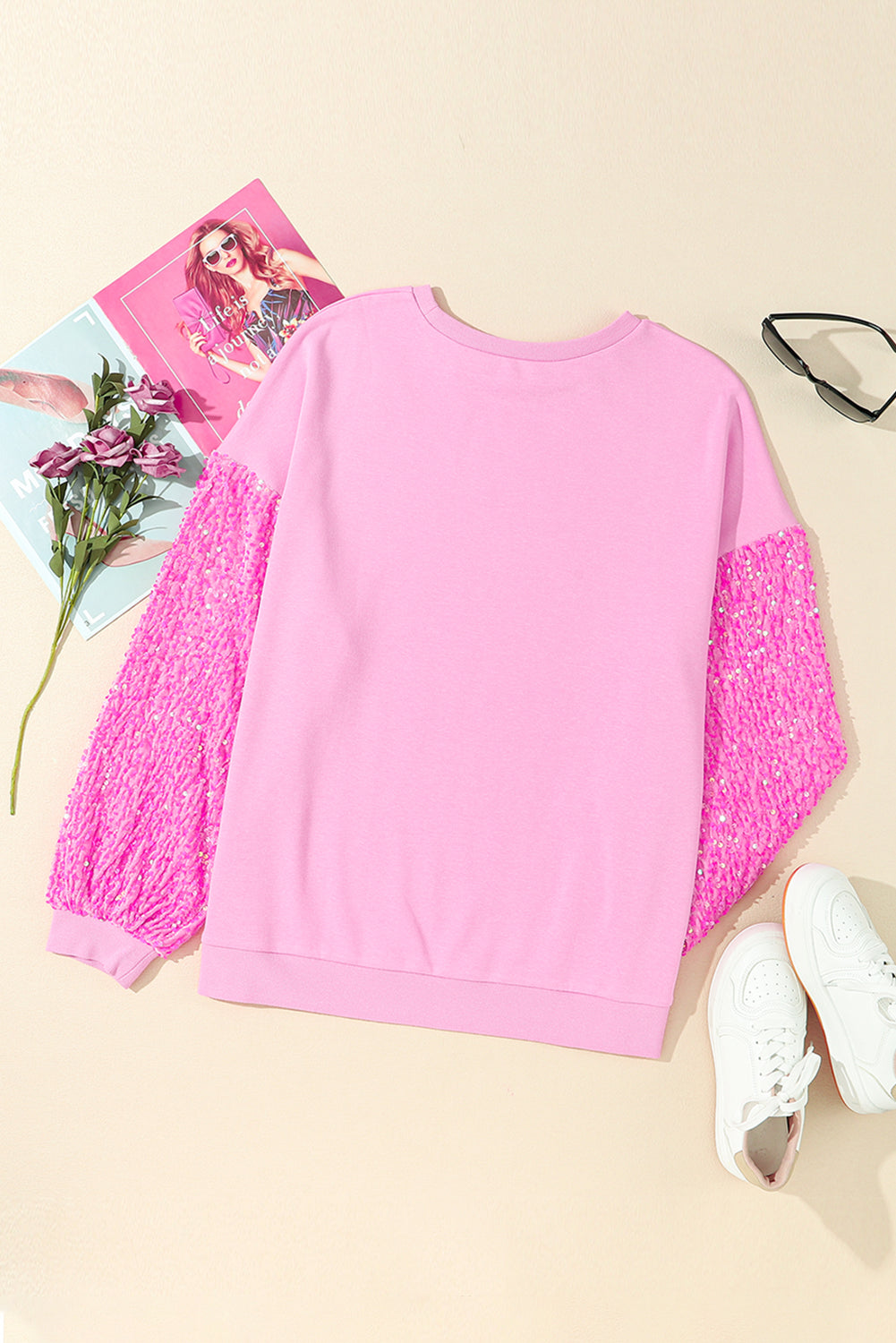 Orchid Petal Sequin Patchwork Long Sleeve Pullover Top
