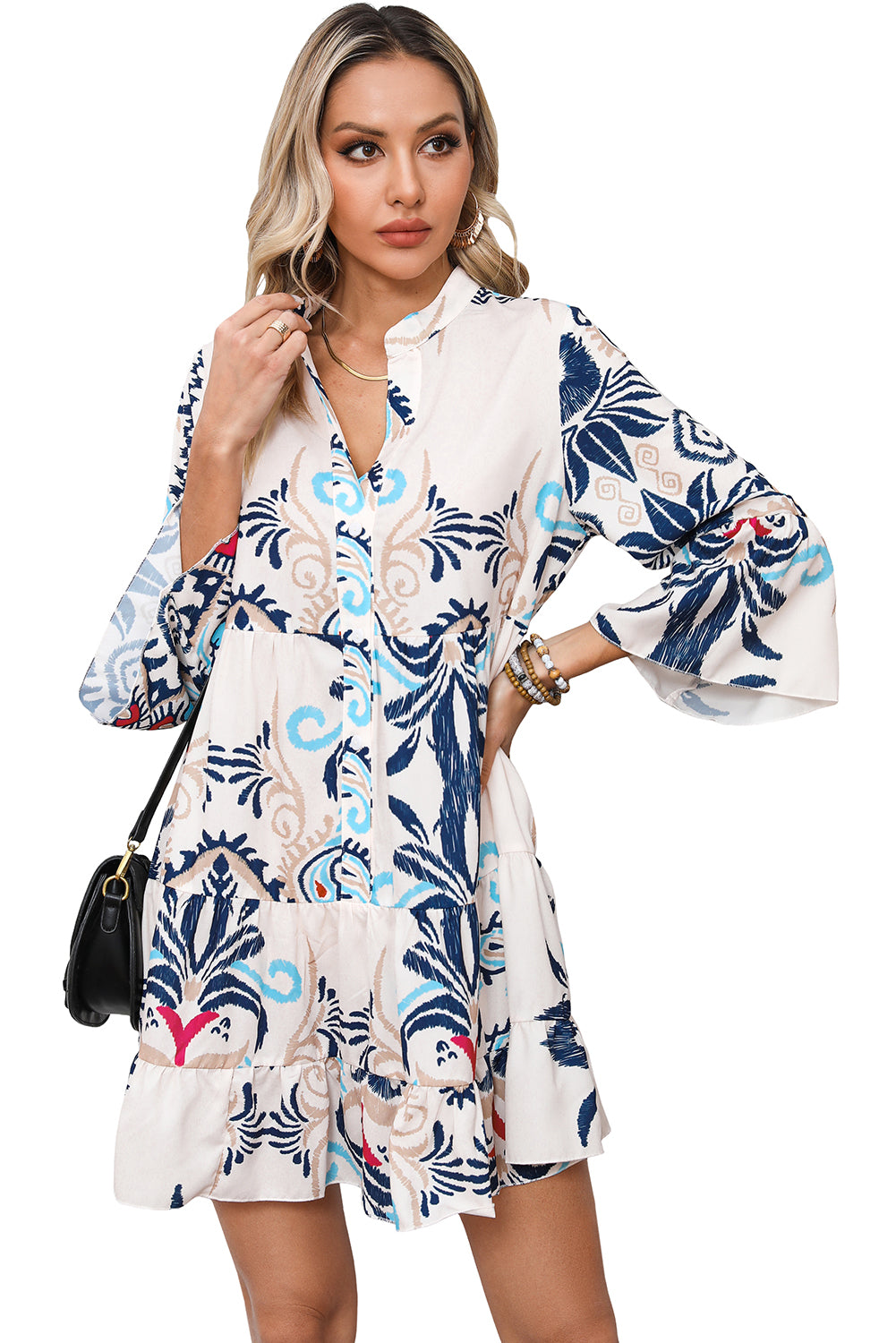 Green Tribal Bracelet Sleeve Buttoned Mini Dress