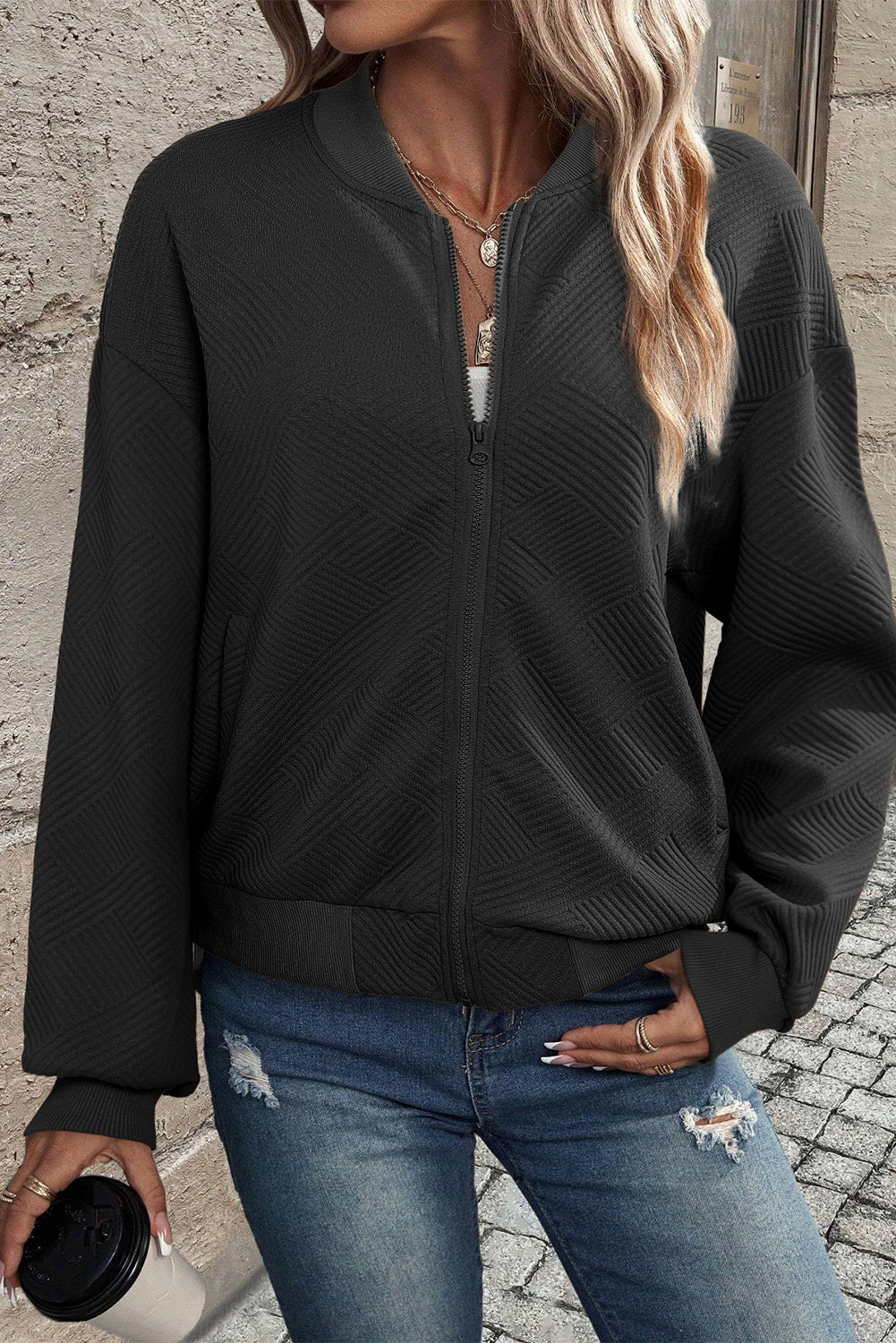 Myosotis Solid Textured Stand Neck Zipper Bomber Jacket
