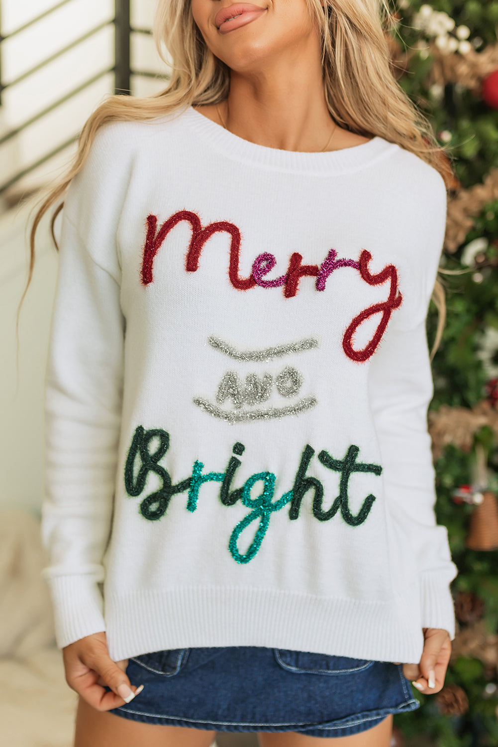 Black Tinsel Merry and Bright Graphic Christmas Sweater
