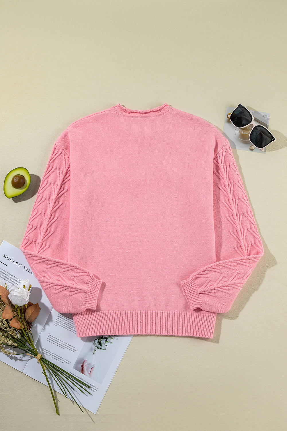 White Flower Detail Knitted Notched Neck Sweater