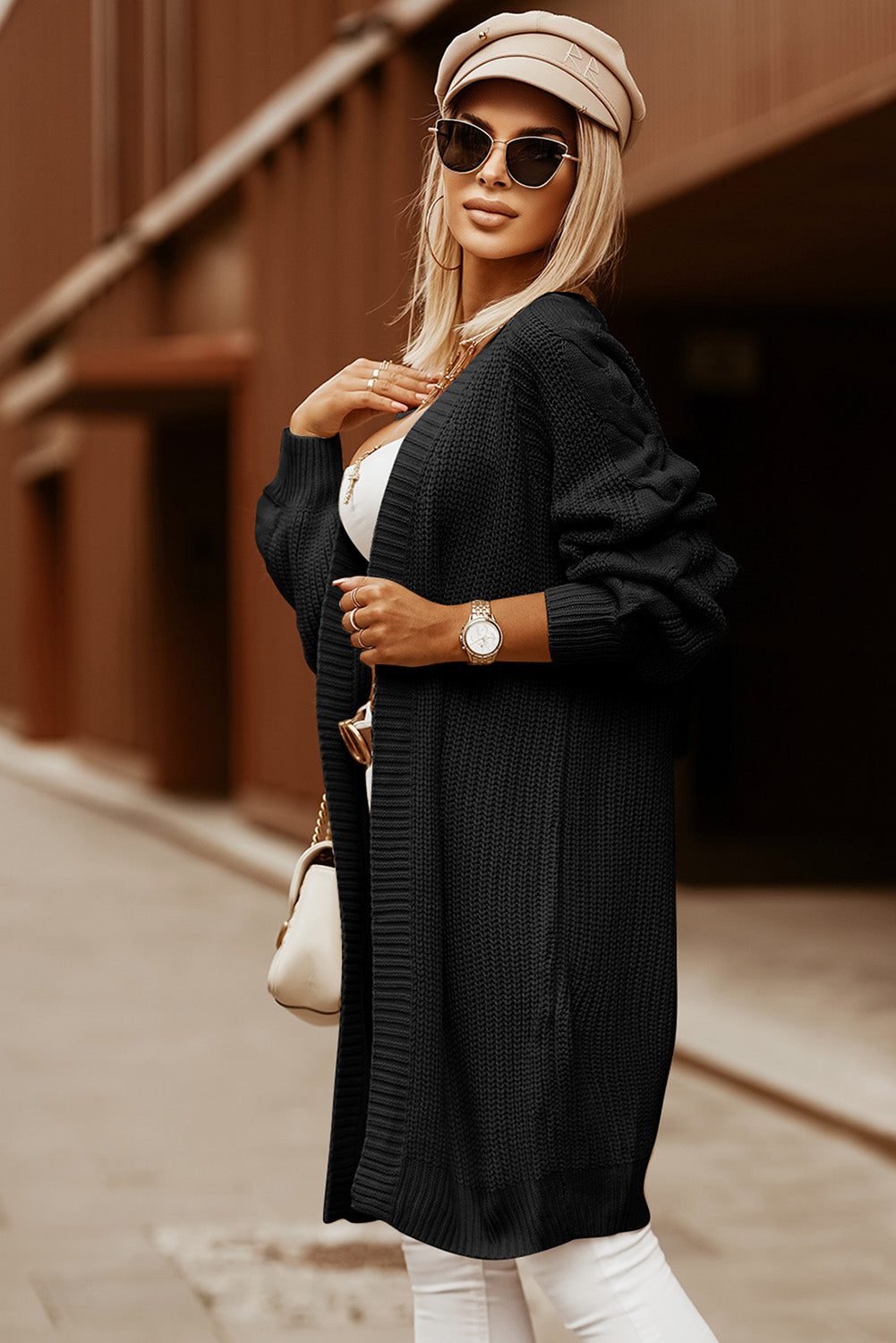 Khaki Open Front Cable Sleeve Long Cardigan