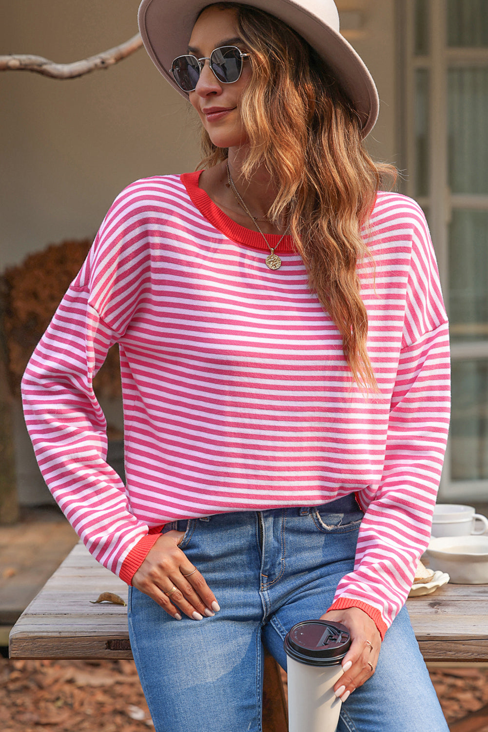 Fiery Red Contrast Trimmed Striped Drop Shoulder Sweater