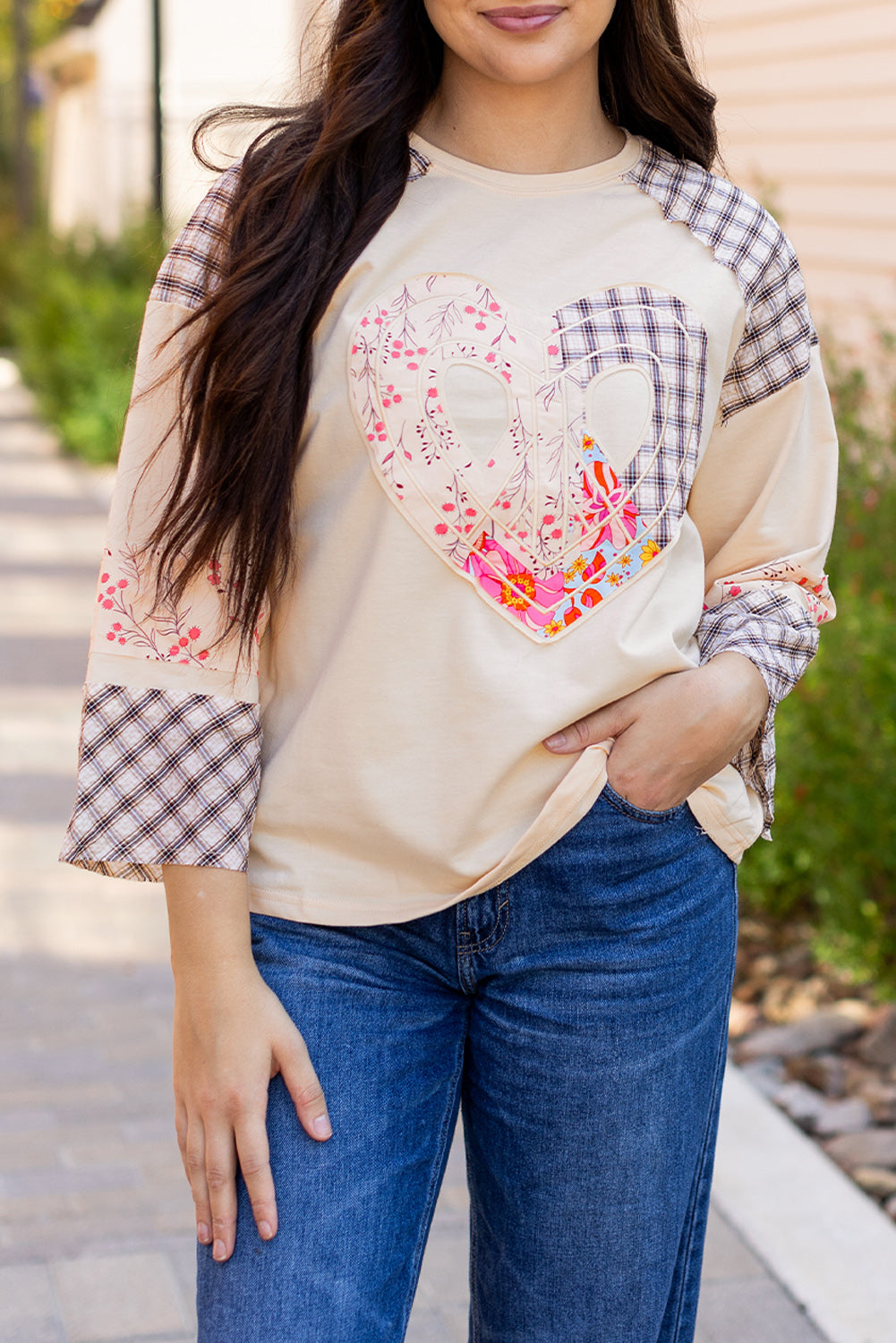 Clearly Aqua Plaid Floral Peace Heart Graphic Wide Long Sleeve Top