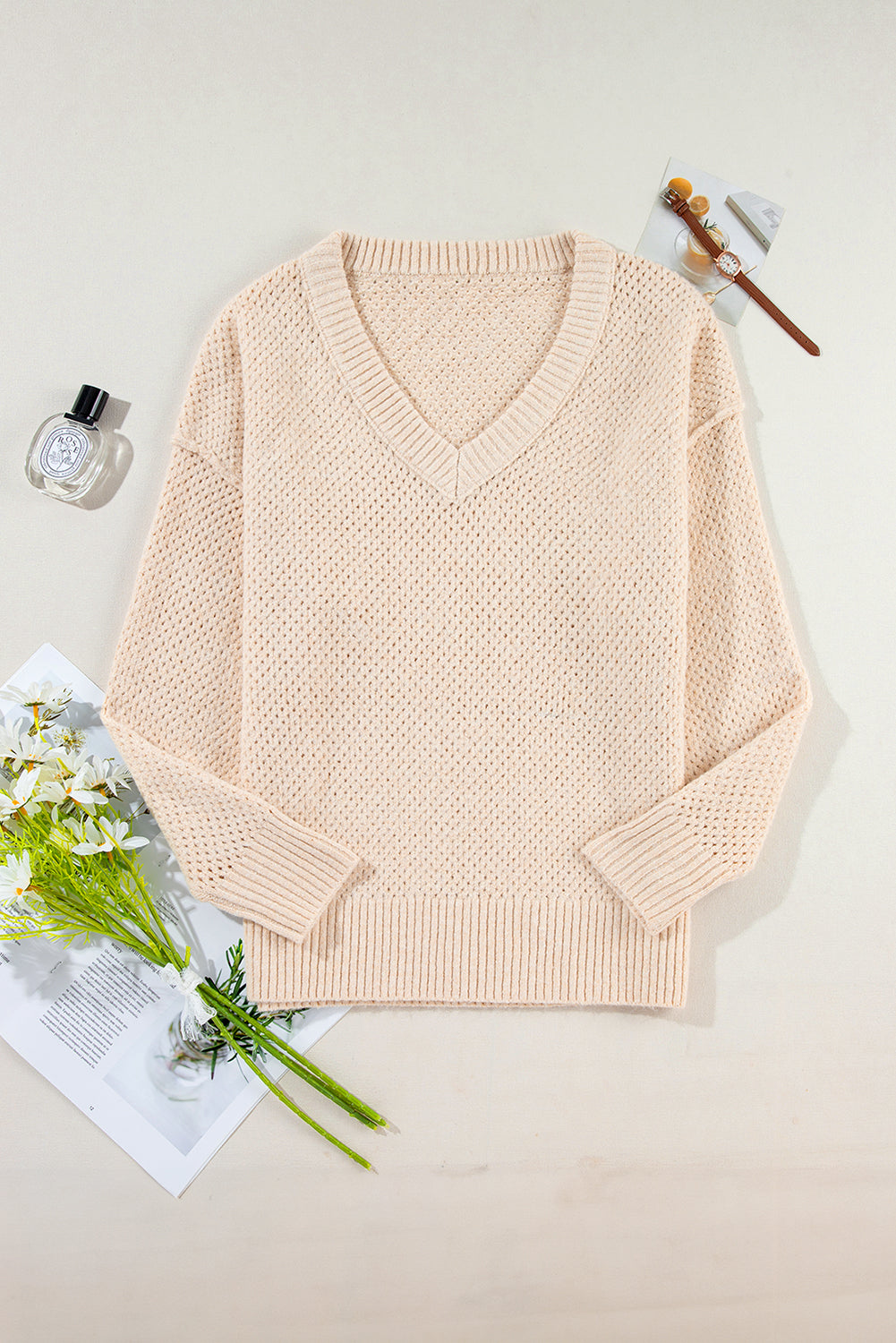 Jungle Green Loose Eyelet V Neck Drop Shoulder Sweater