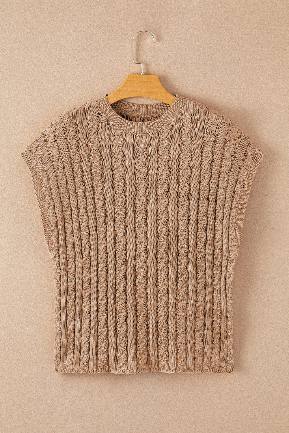 Black Crew Neck Cable Knit Short Sleeve Sweater