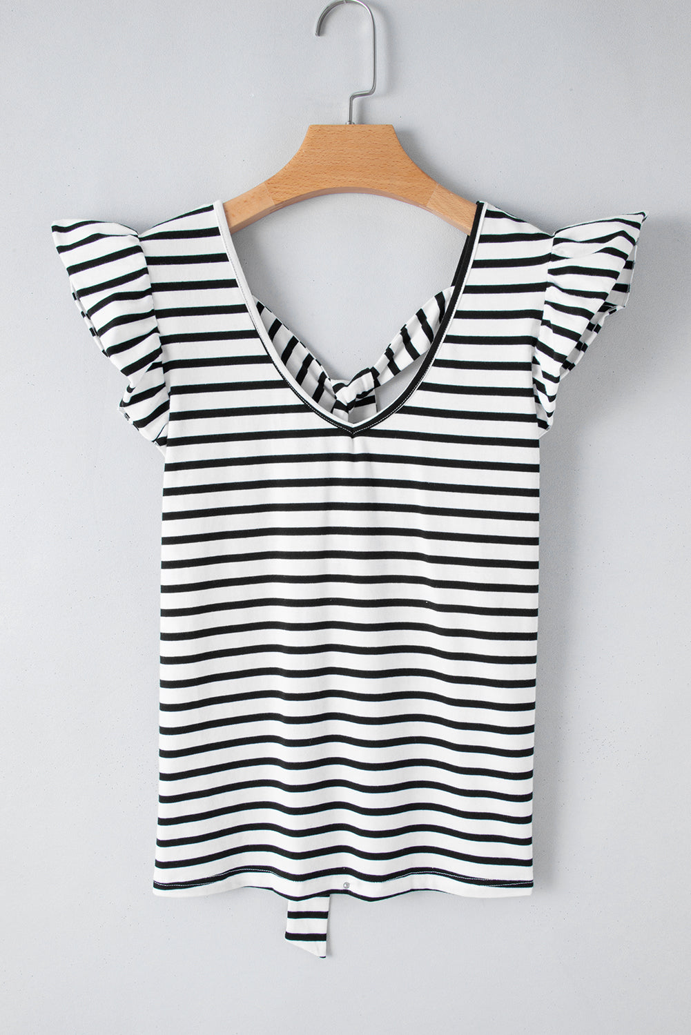 Pink Stripe Butterfly Sleeve V Neck Hollowed Knot Back T Shirt