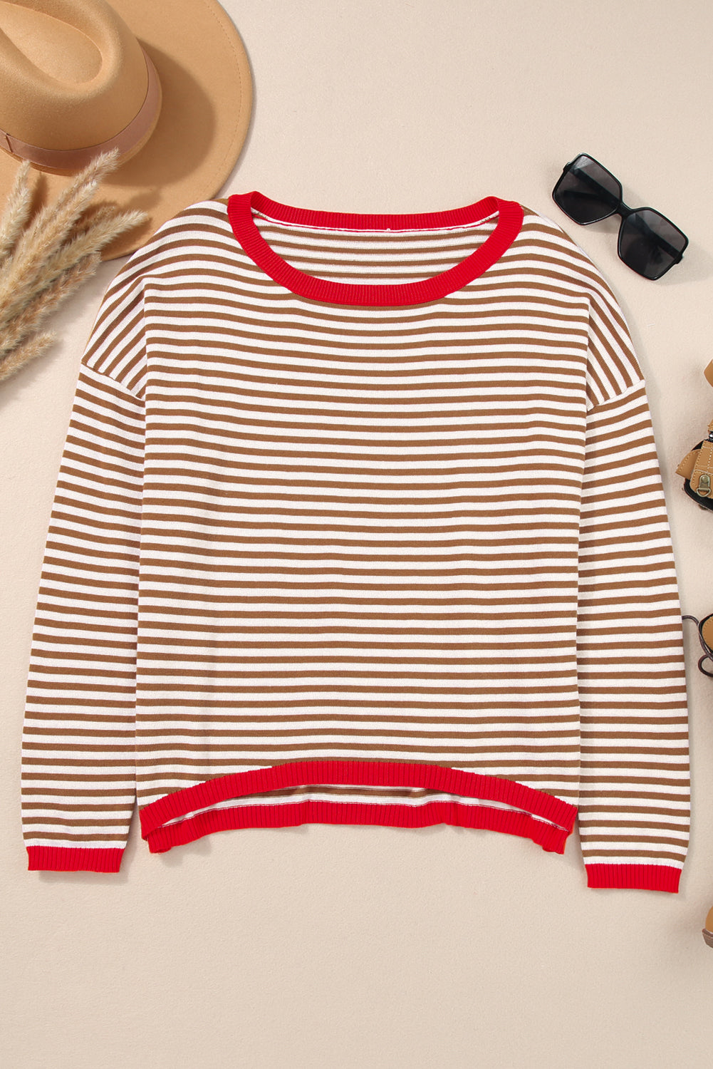 Fiery Red Contrast Trimmed Striped Drop Shoulder Sweater