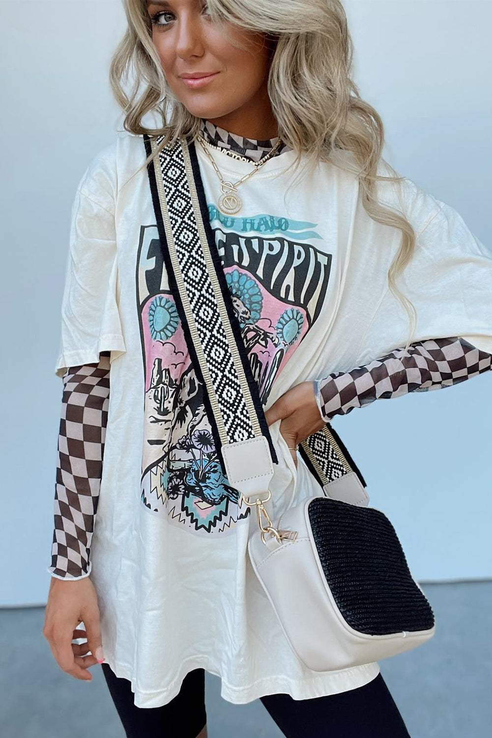 Khaki Checkered Pattern Mesh Mock Neck Long Sleeve Top