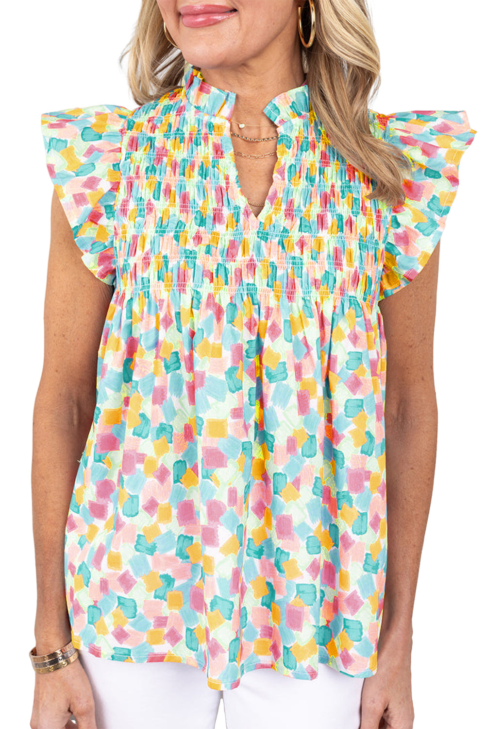 Pink Shirred Yoke Ruffled Abstract Printed Blouse