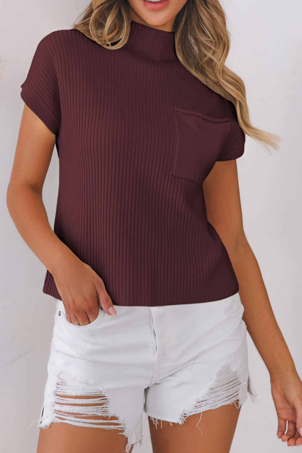 Beau Blue Patch Pocket Ribbed Knit Short Sleeve Sweater