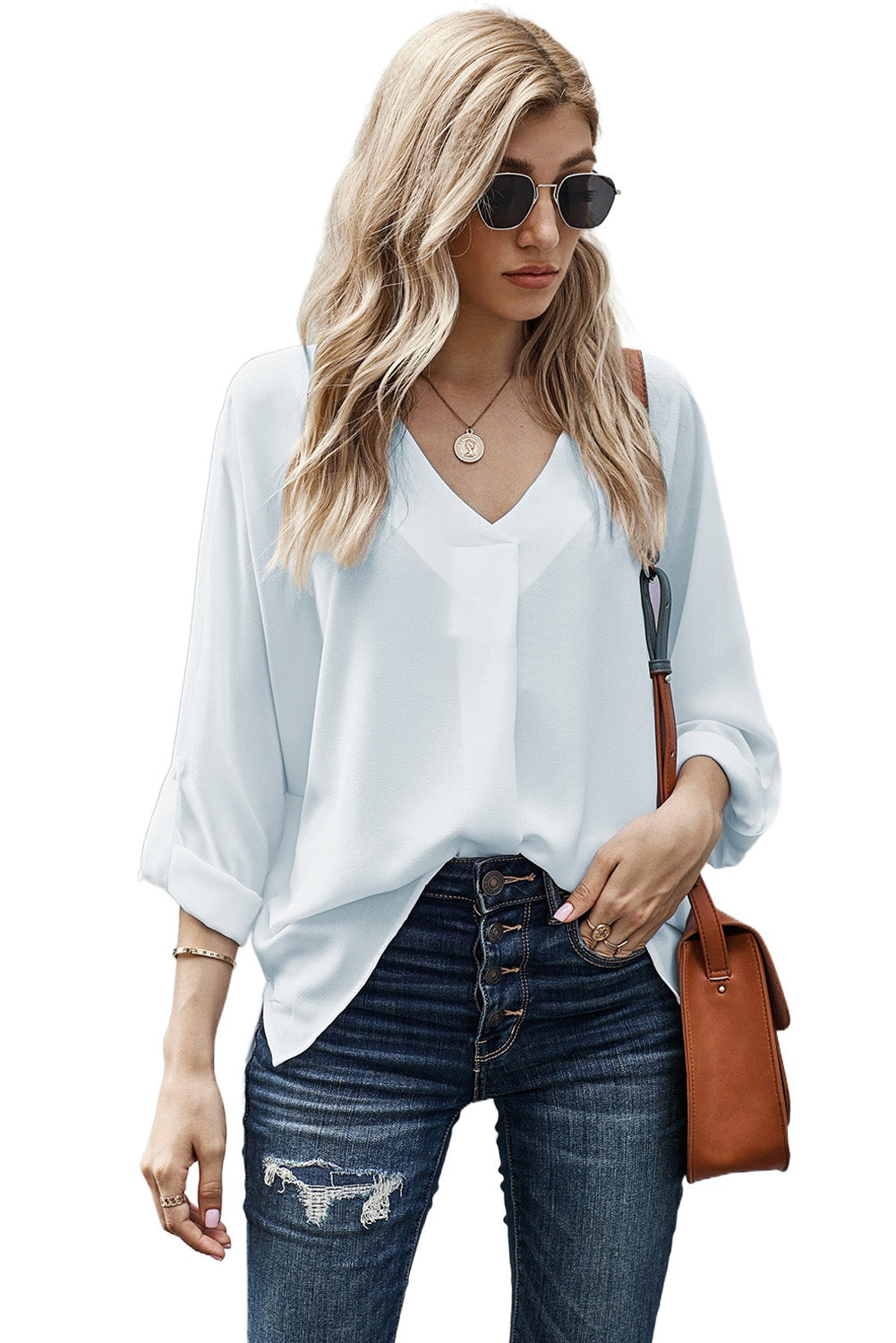White V Neck 3/4 Sleeve High Low Hem Shirt