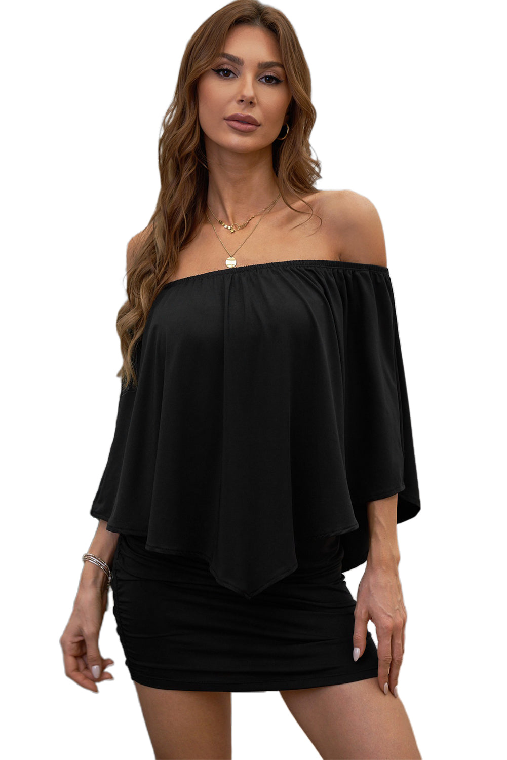 Multiple Dressing Layered Dark Blue Mini Poncho Dress
