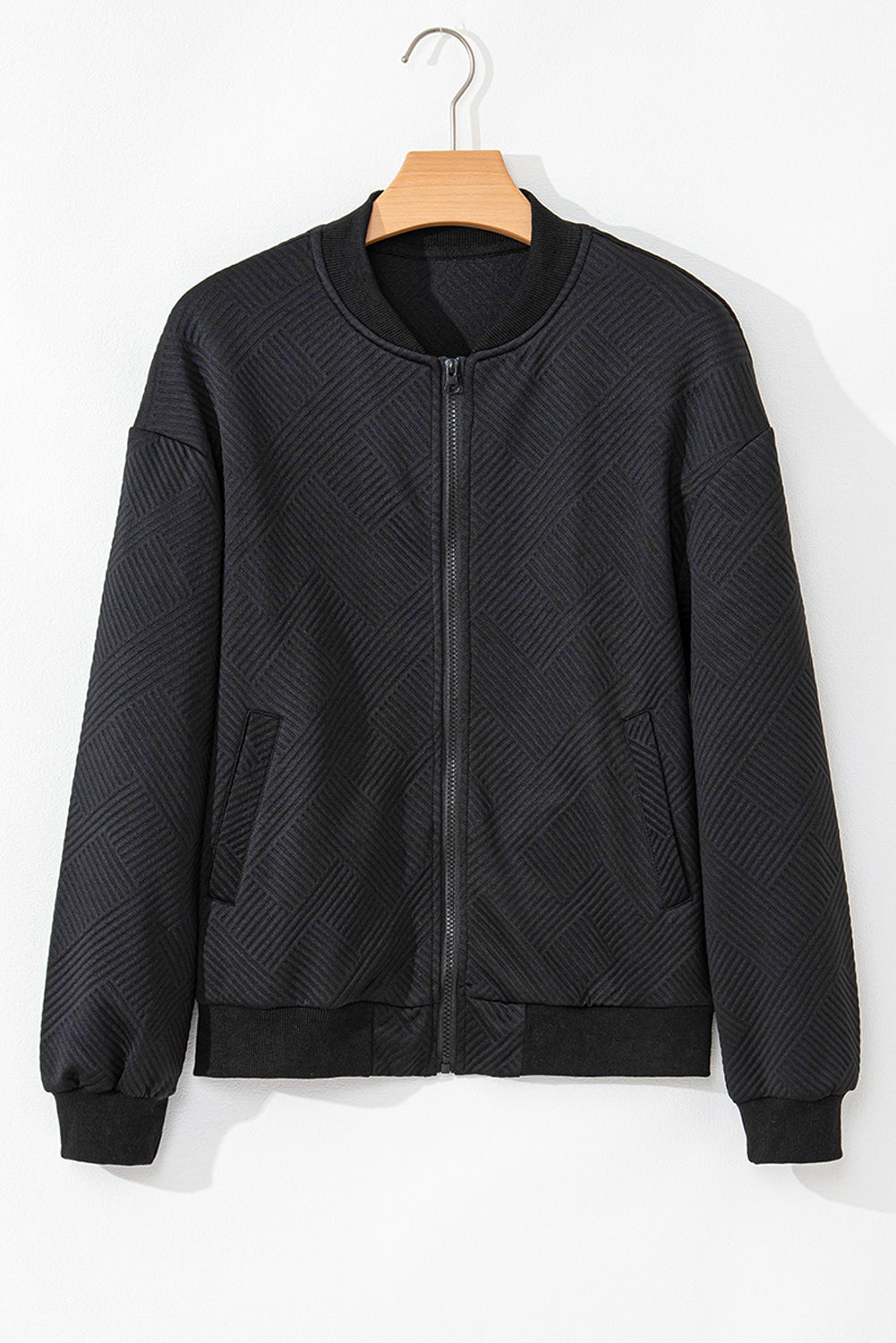 Myosotis Solid Textured Stand Neck Zipper Bomber Jacket