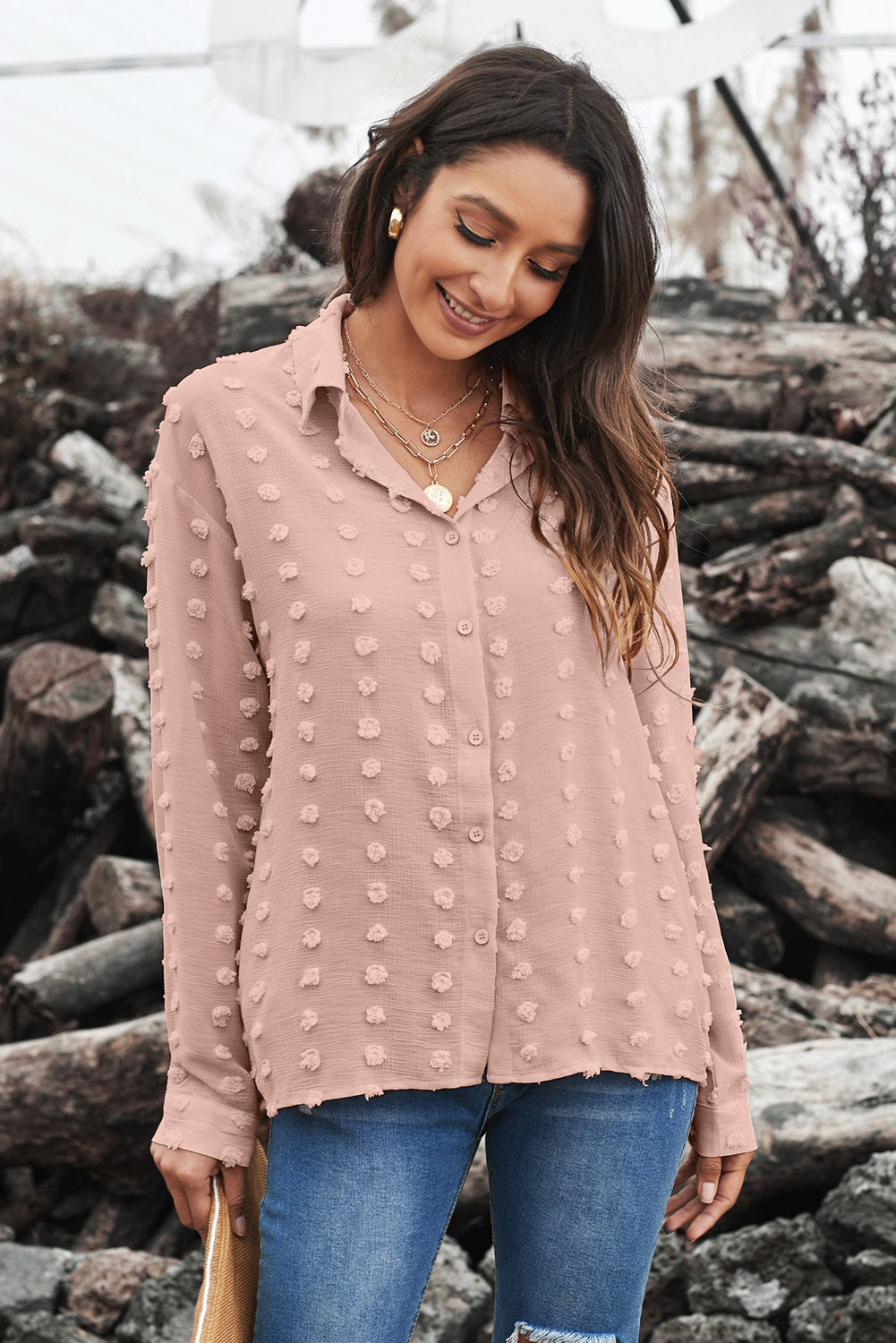 Gray Long Sleeve Button Fuzzy Polka Dot Shirt